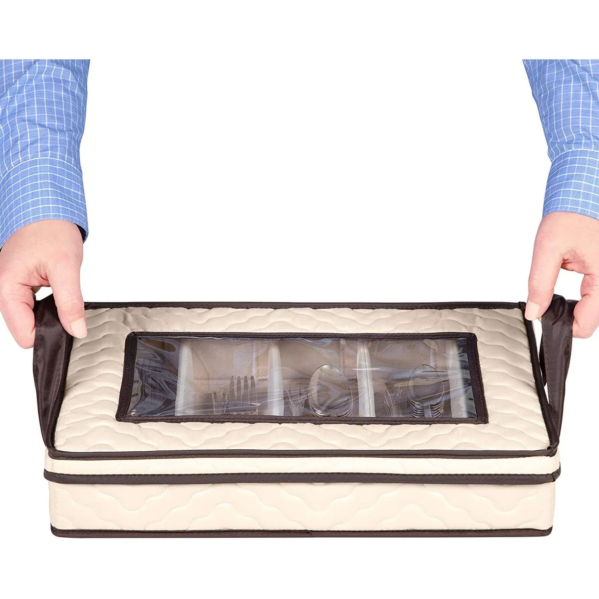 Flatware,Cutlery Utensil Storage Case Durable 5 Compartment Container - Brown