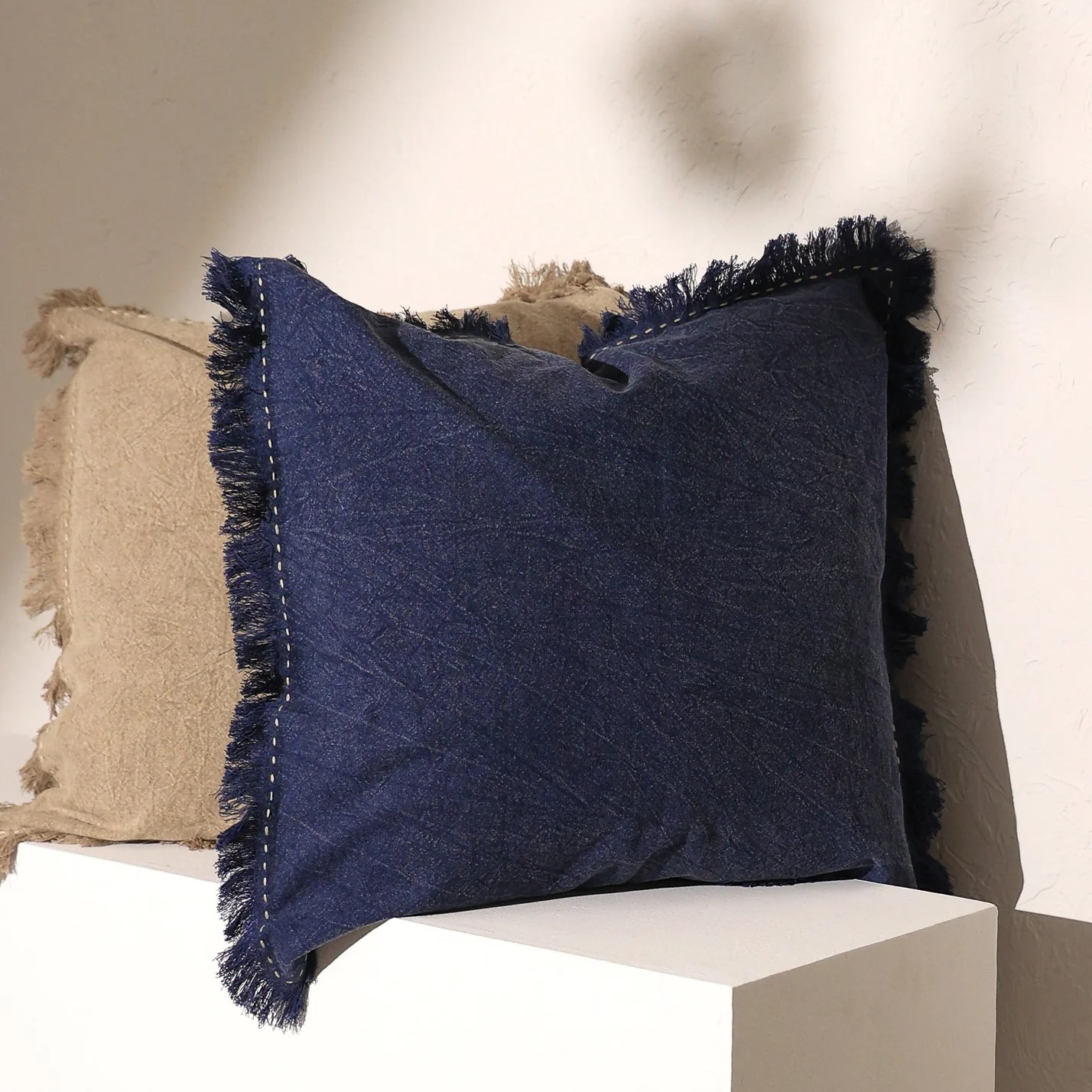 Stonewashed Linen Throw Pillow with Handworked Edges & Fringe