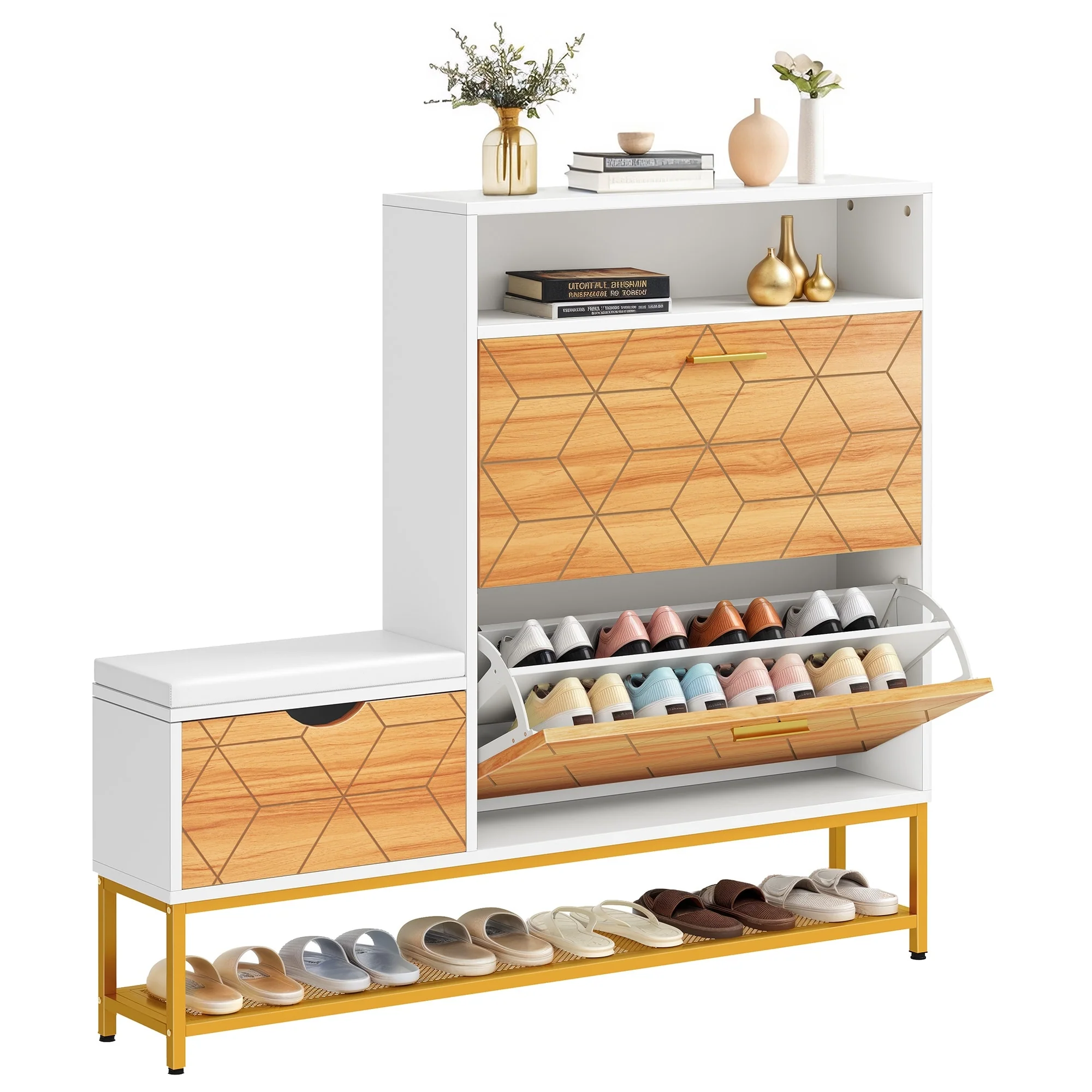 Moasis 22 Pairs Shoe Cabinet with 2 Flip Drawers, Narrow Shoes Rack with Storage Bench