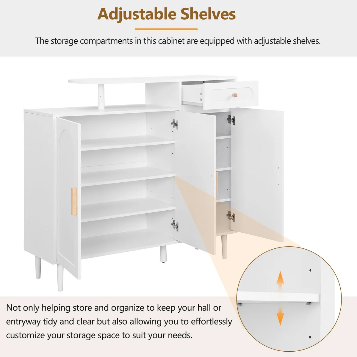 Shoe Cabinet with Arched Doors and Drawer, Cream Style Storage Sideboard with Adjustable Shelves and Solid Wood Legs