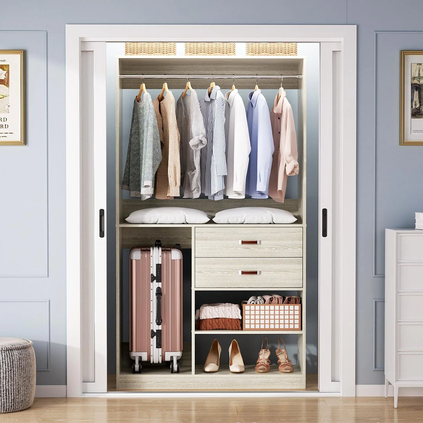 Vryon 40''W Freestanding Closet Organizer with Hanging Rod, Closet System Wardrobe with Wood Drawers