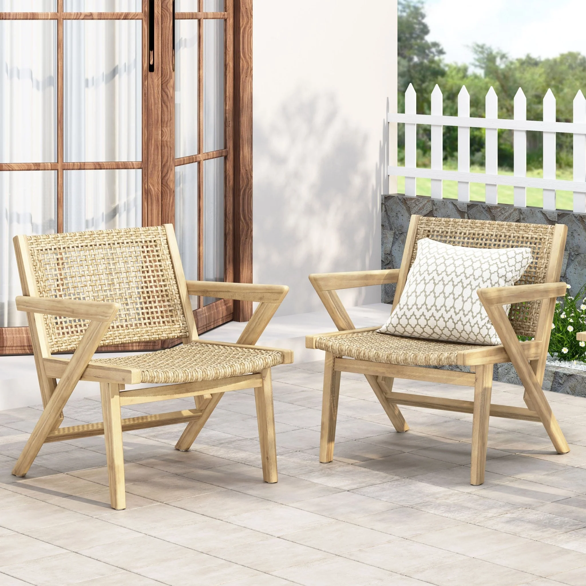 Tranquilize Outdoor Wooden Club Chair with Woven Wicker Seat and Back, Set of 2
