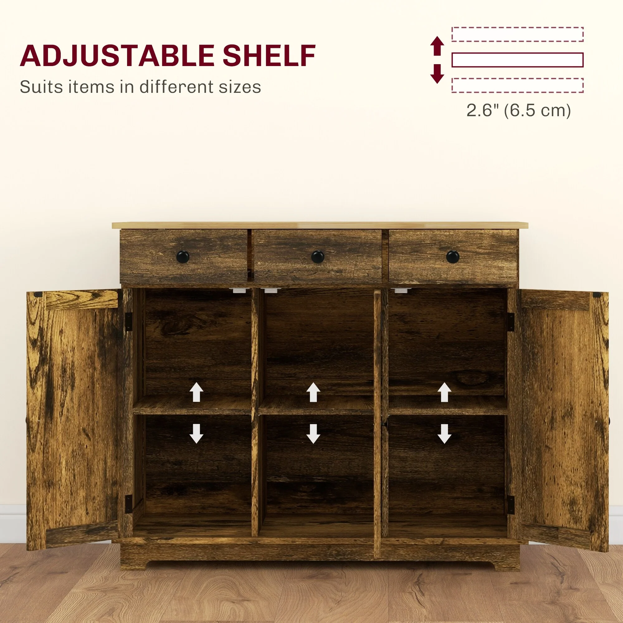 HOMCOM Sideboard with Solid Wood Countertop, Modern Kitchen Storage Cabinet, Coffee Bar Cabinet with 3 Drawers