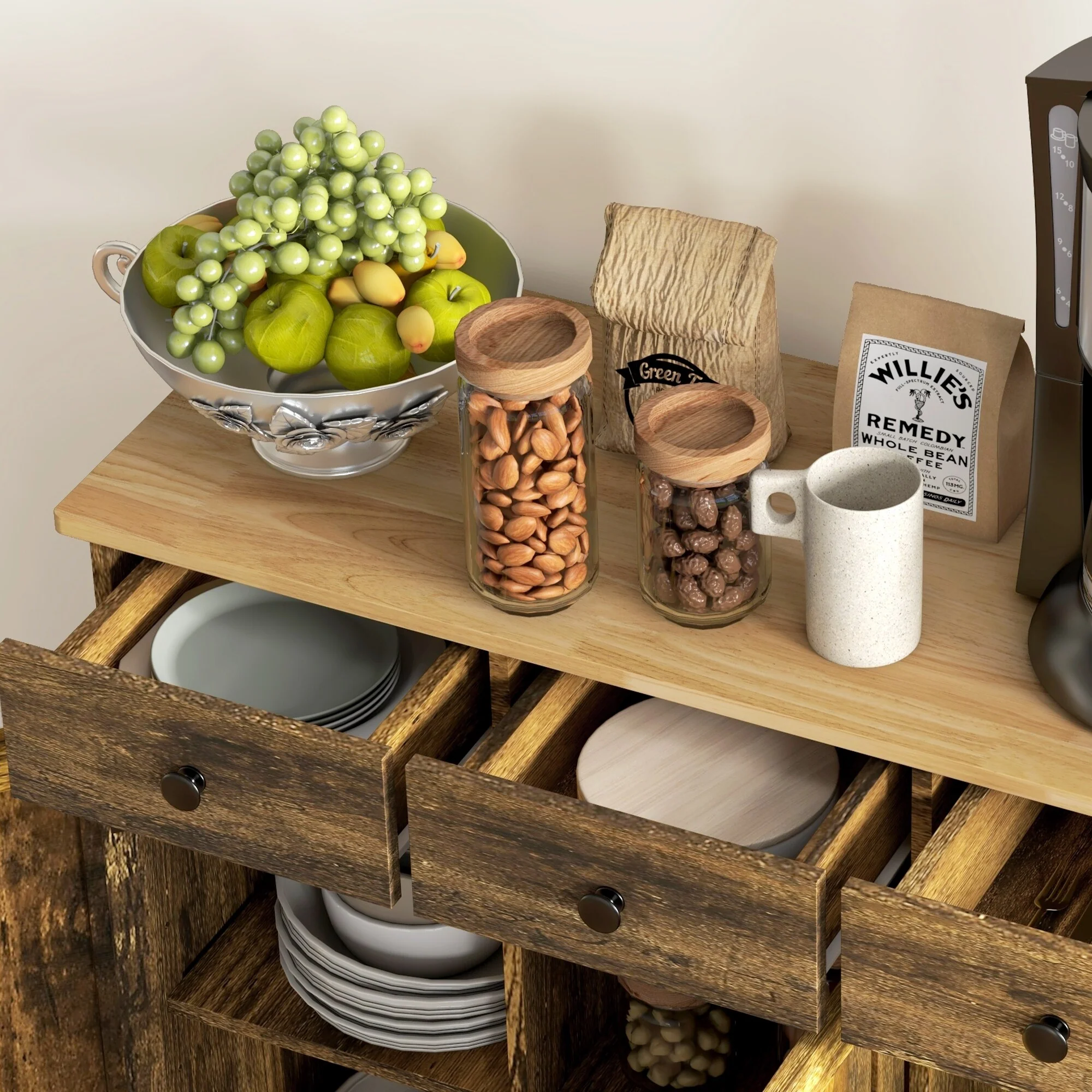HOMCOM Sideboard with Solid Wood Countertop, Modern Kitchen Storage Cabinet, Coffee Bar Cabinet with 3 Drawers