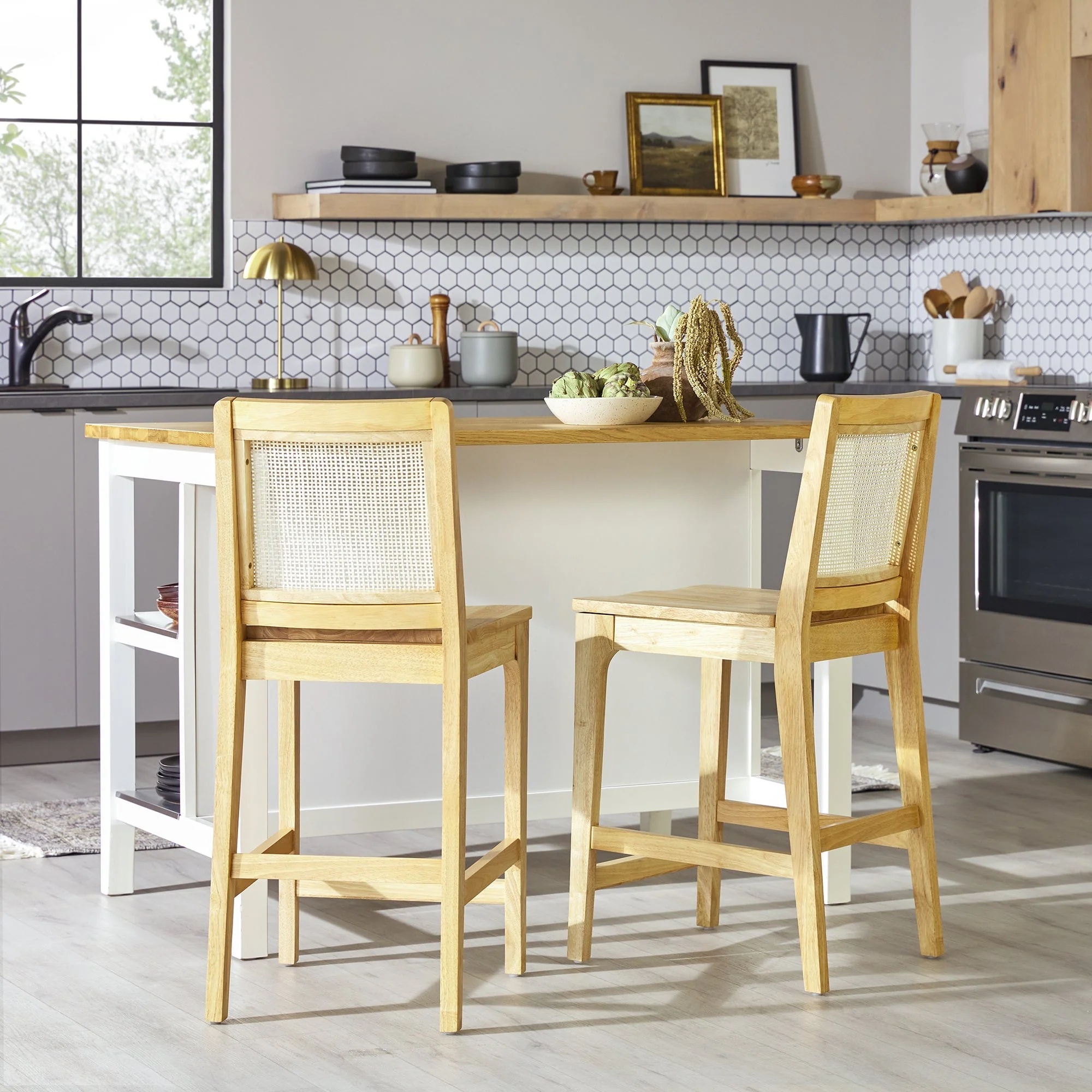 Solid Wood Counter Stool with Rattan Inset Back, Set of 2