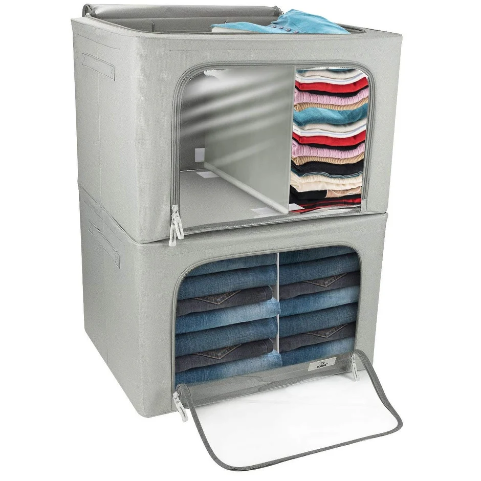 Foldable Storage Bag Breathable Bamboo Fabric Dustproof Organizer Box Charcoal - (2 Section - Beige) - N/A