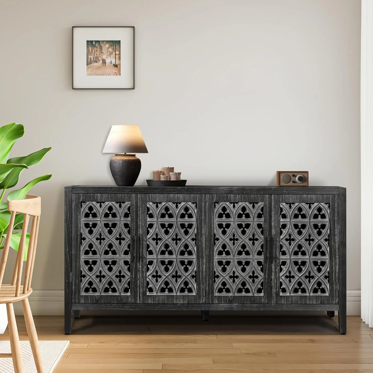 Roomfitters Hollow Four Door Antique Cabinet - American Country Style, Ideal for Living Room, TV Cabinet, Kitchen