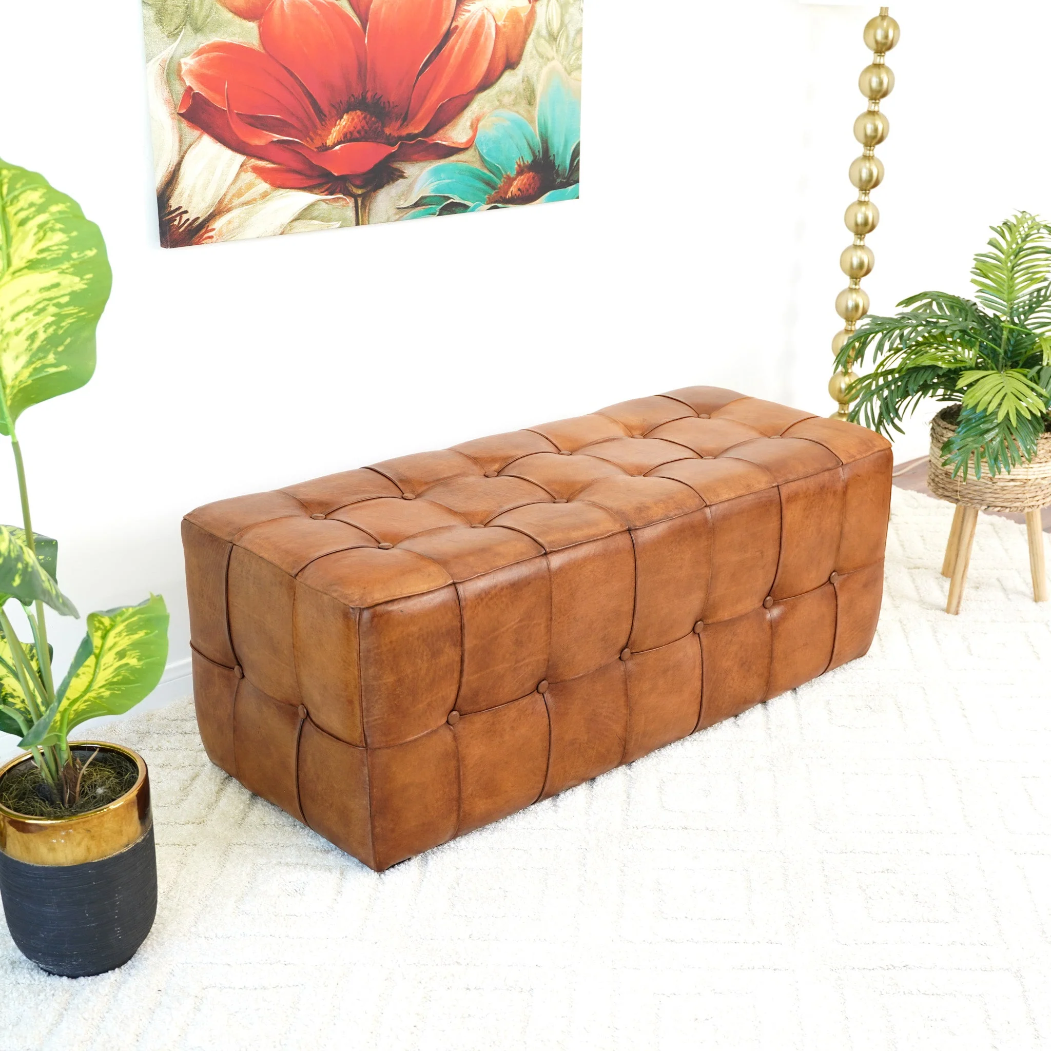 Benjiro Mid-Century Modern Tan Leather Tufted Ottoman