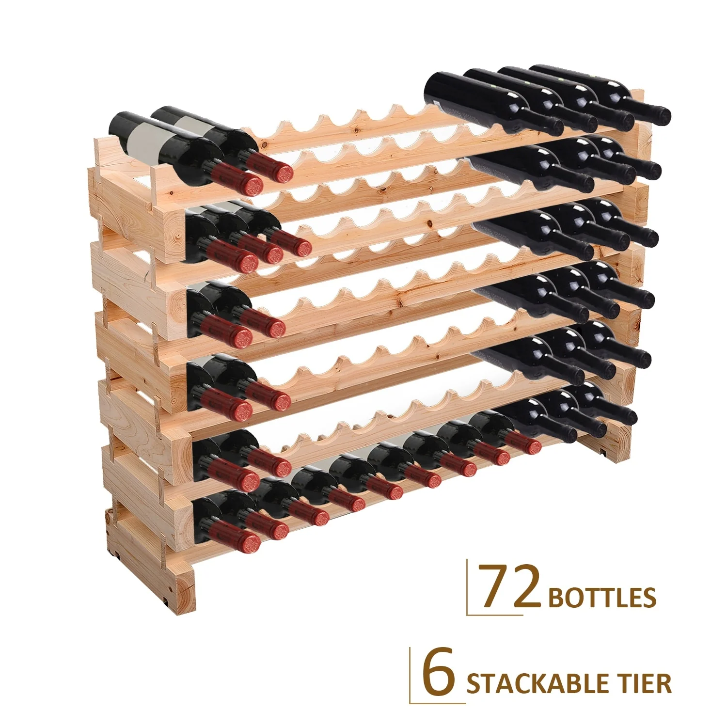 HOMCOM Stackable Wine Rack, Modular Storage Shelves, 72-Bottle Holder, Freestanding Display Rack for Kitchen, Natural