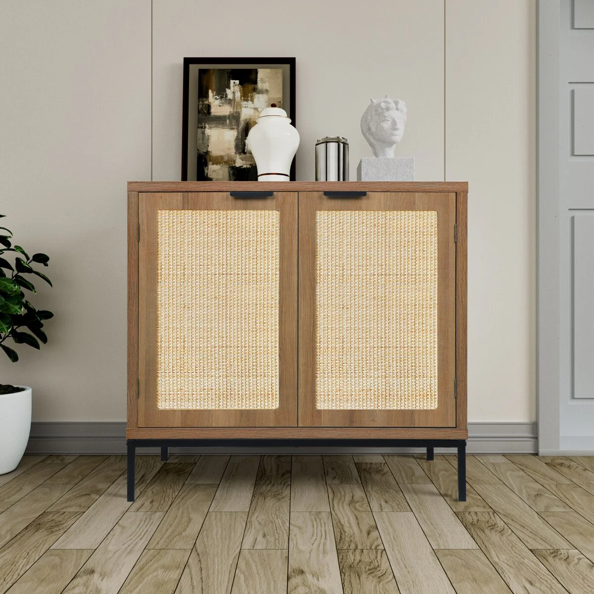 Anmytek Mid-Century Modern Rattan Accent Storage Cabinet Wood Sideboard Buffet with 2 Doors