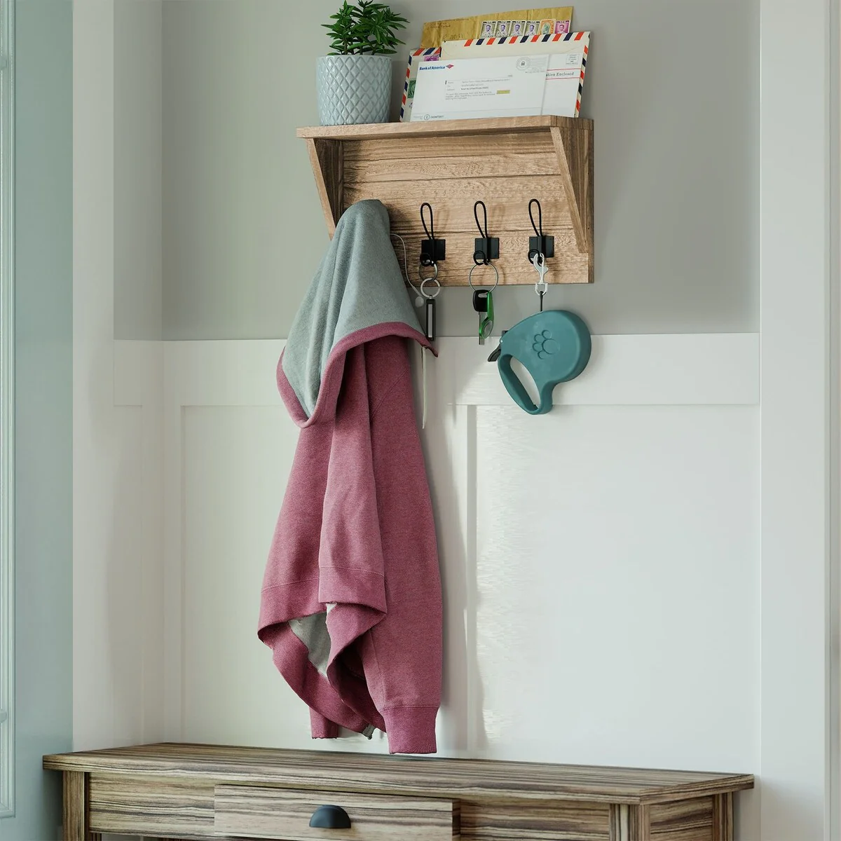 Wallniture 17'' Wood Wall Mounted Coat Rack with Shelf Entryway Mail Organizer Wood Key Holder 8 Hooks - N/A