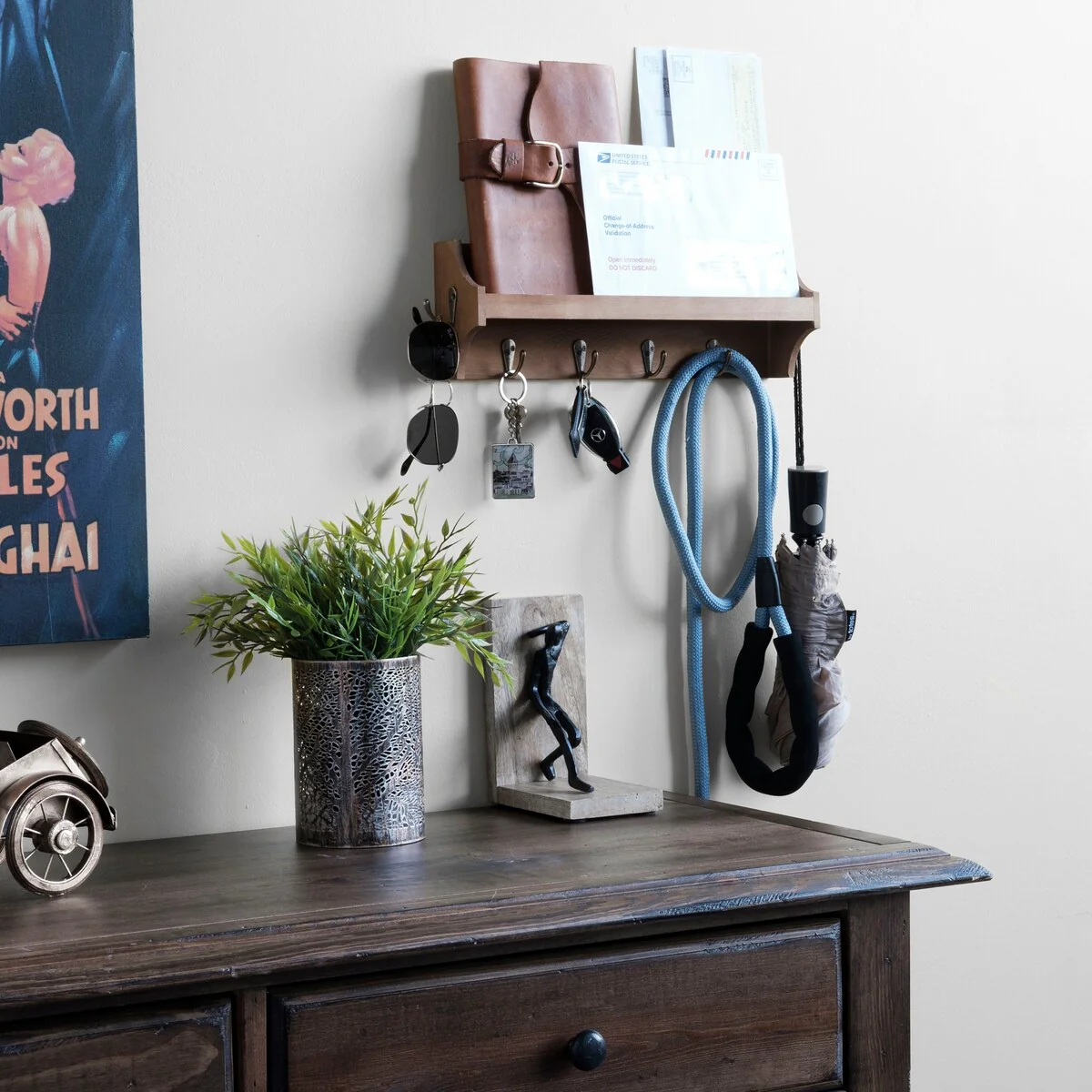 Wallniture 14'' Wide 6 Hook Wall Mounted Coat Rack with Storage Shelf Entryway Mail Organizer - N/A