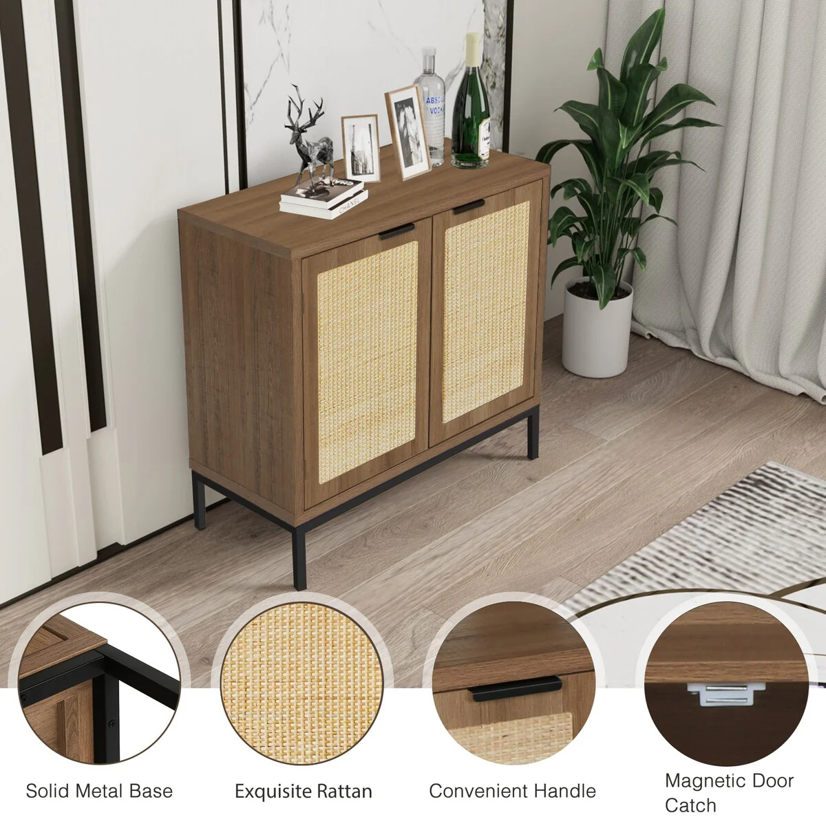 Anmytek Mid-Century Modern Rattan Accent Storage Cabinet Wood Sideboard Buffet with 2 Doors