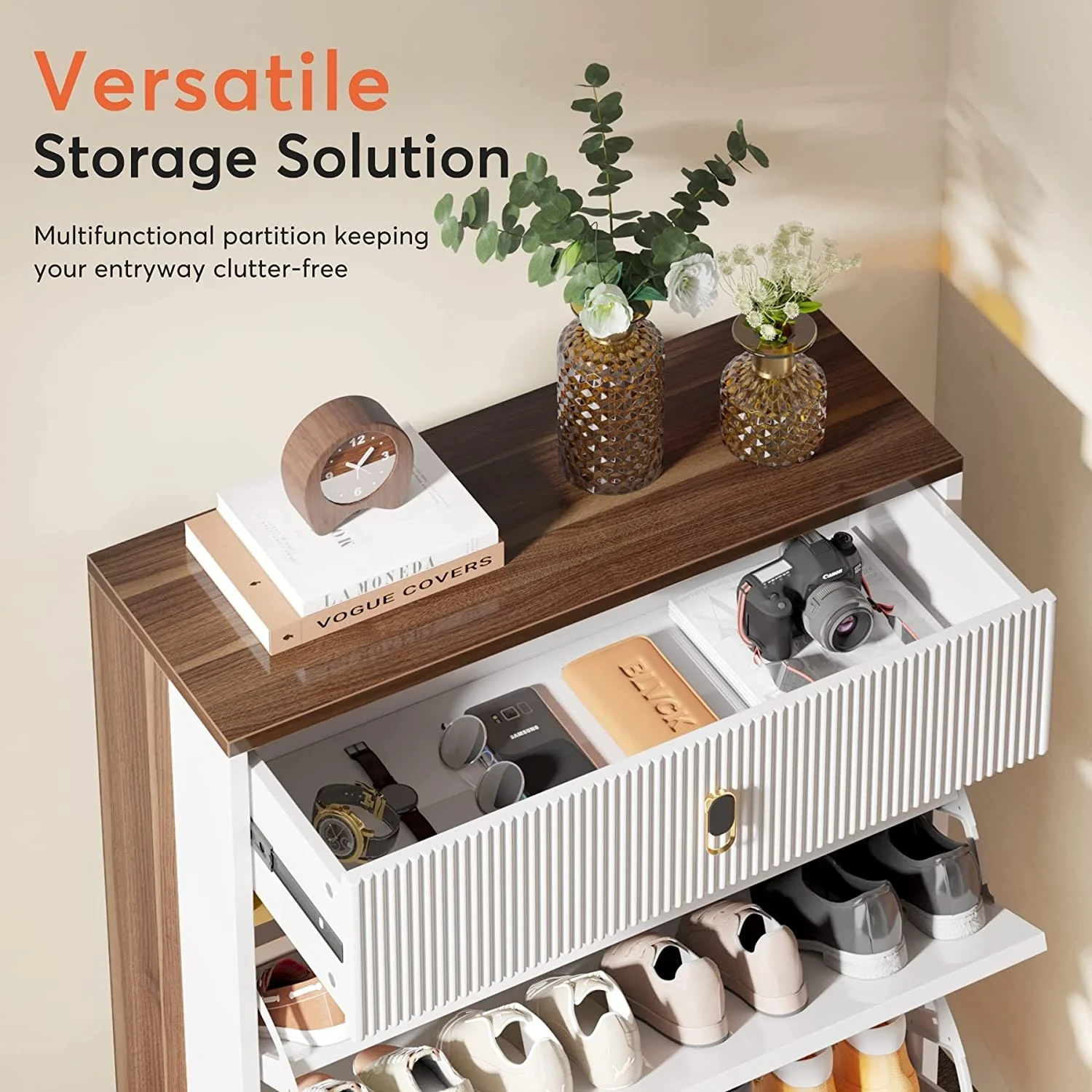 Shoe Storage Cabinet Entryway with 2 Flip Drawers