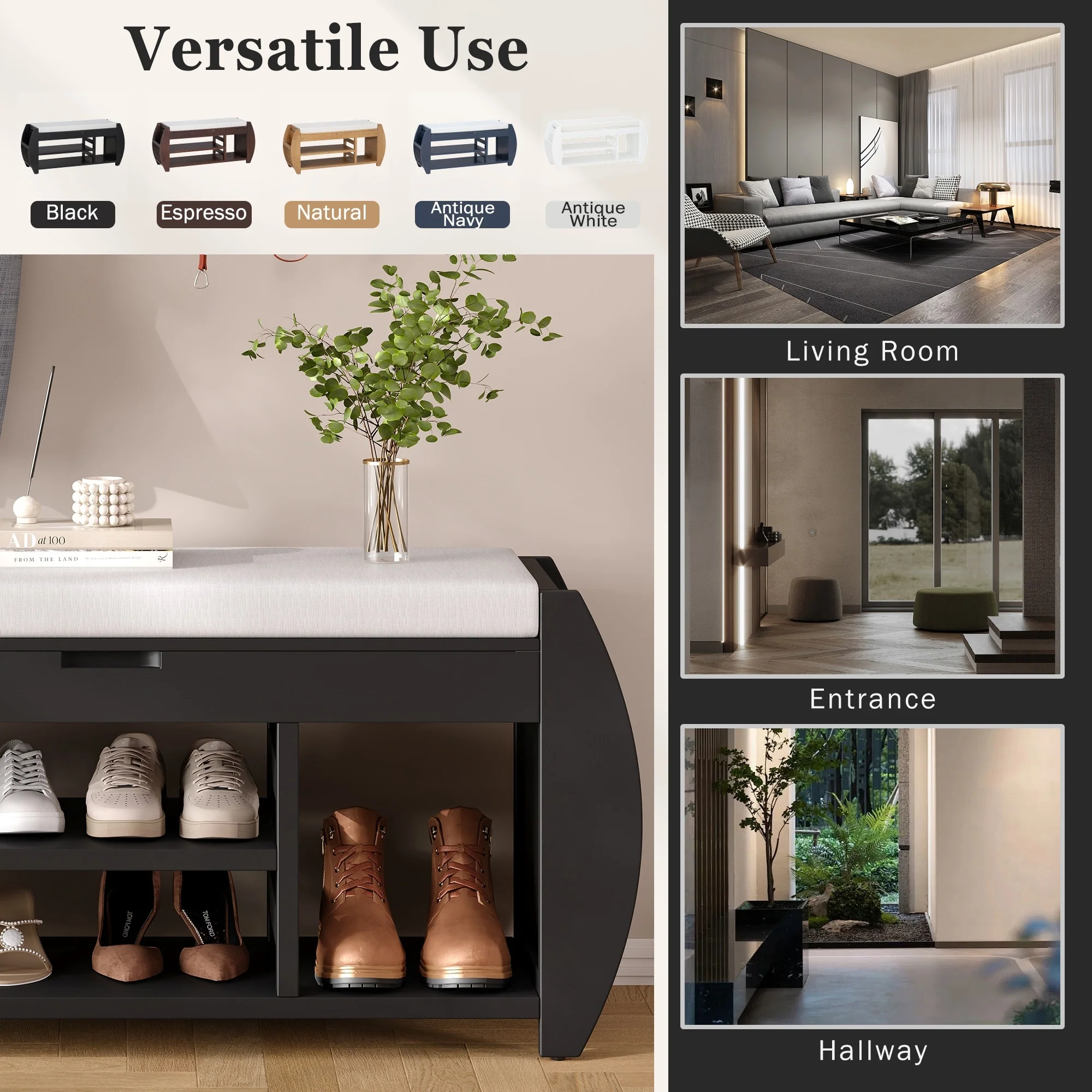 Multifunctional Storage Bench with Cushion and Curved Side Panel for Entrance and Living Room