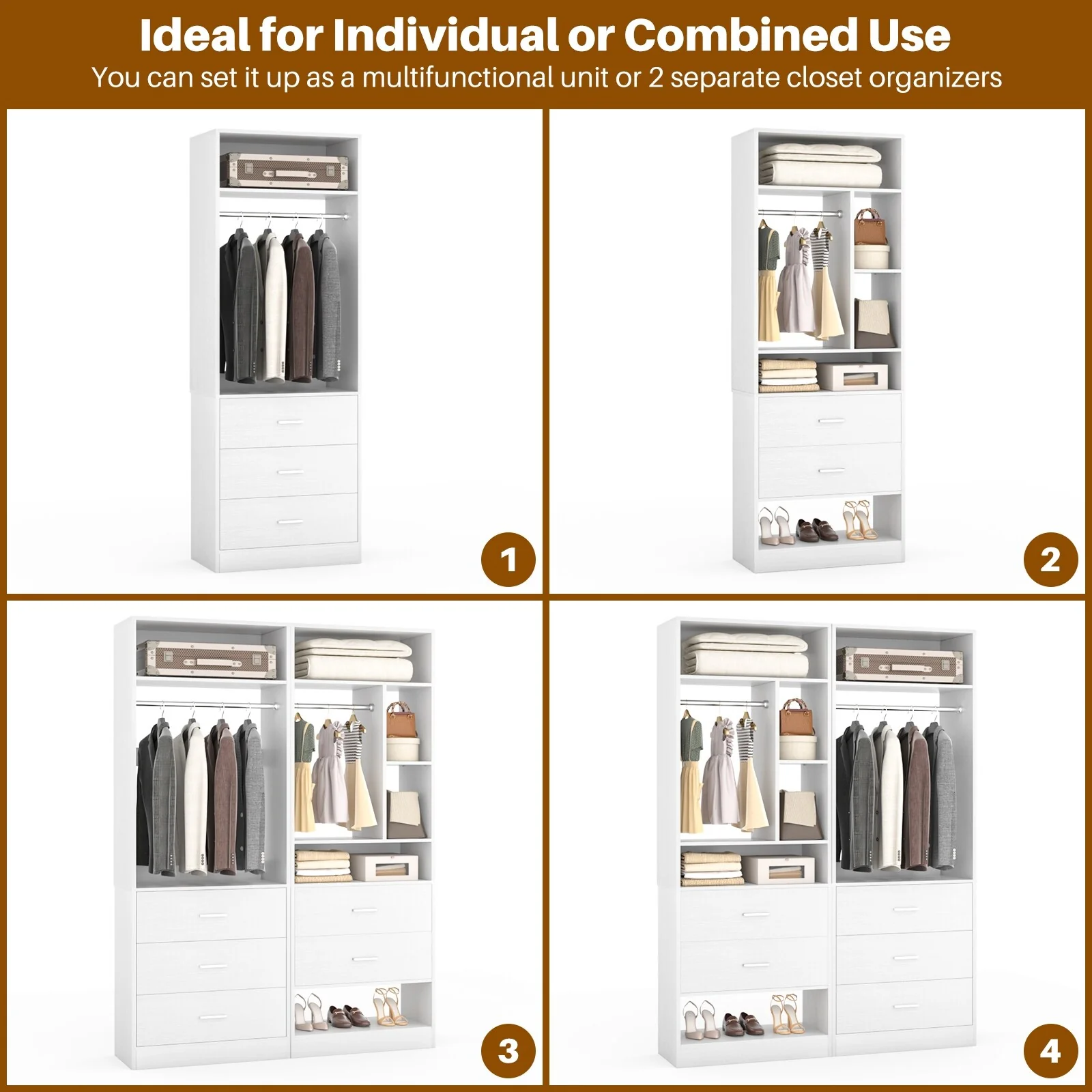 Kyrvo 48''W Set of 2 Freestanding Closet System with 5 Drawers ＆ 2 Hanging Rods,Reversible Wardrobe for Walk-in/Reach-in Closet