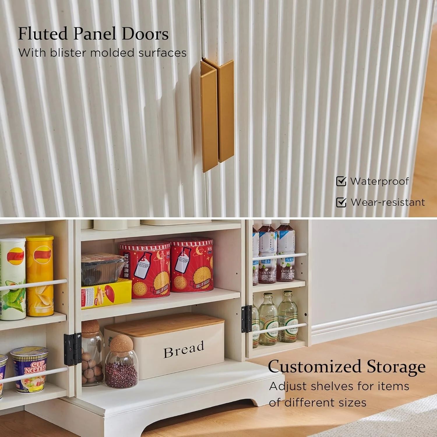 Modern Fluted Pantry Cabinet, Storage Cabinet, Wood Cupboard Organizer