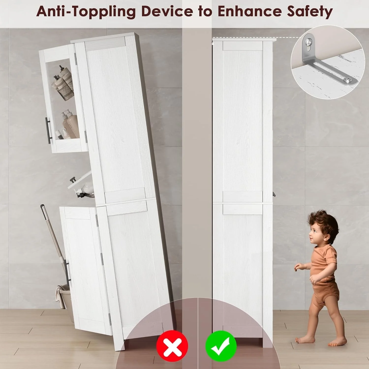 Tall Bathroom Cabinet, Linen Storage Cabinet with Doors and Adjustable Shelves and Drawer