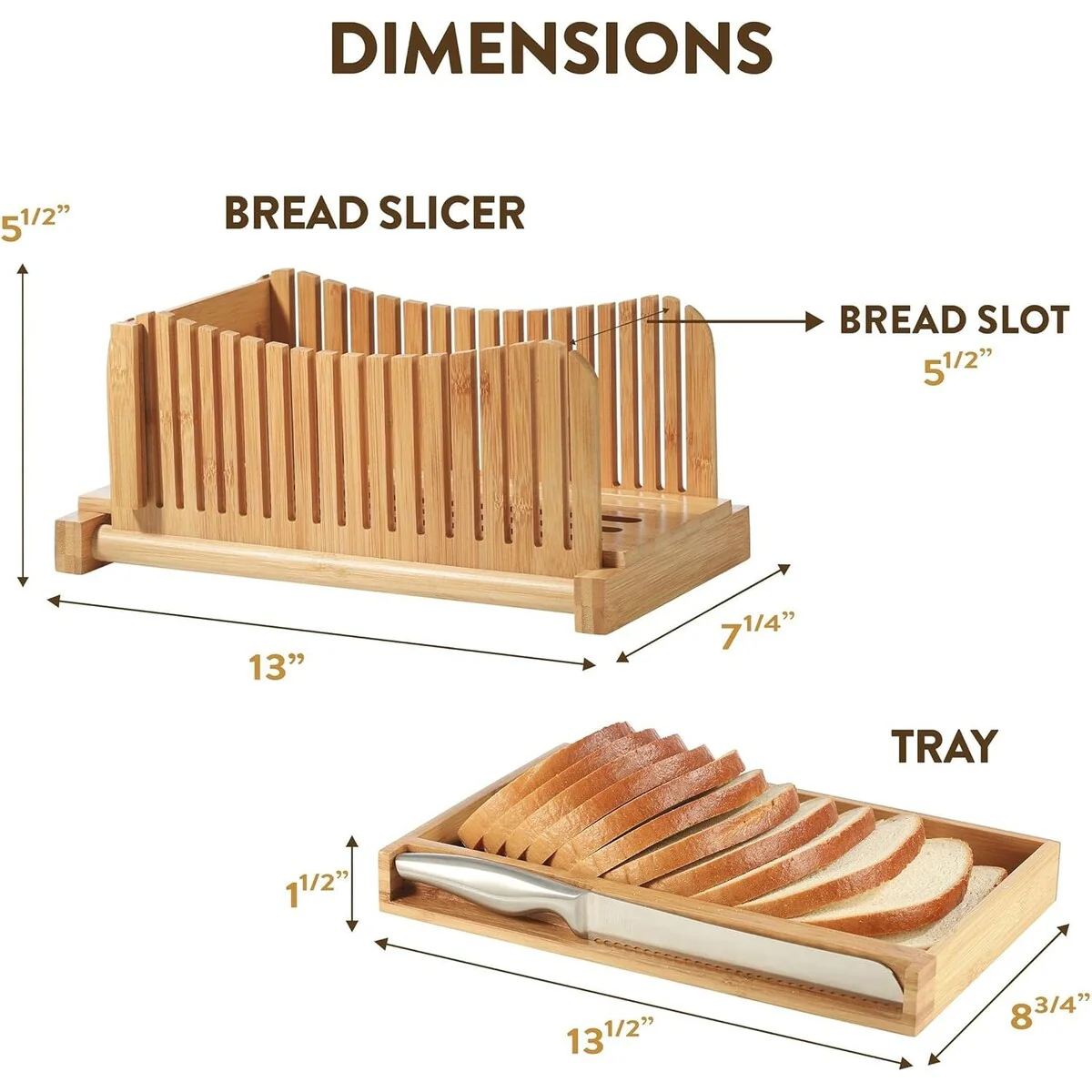 Bamboo Bread Slicer with Knife - 3 Slice Thickness, Foldable Compact Cutting Guide with Crumb Tray