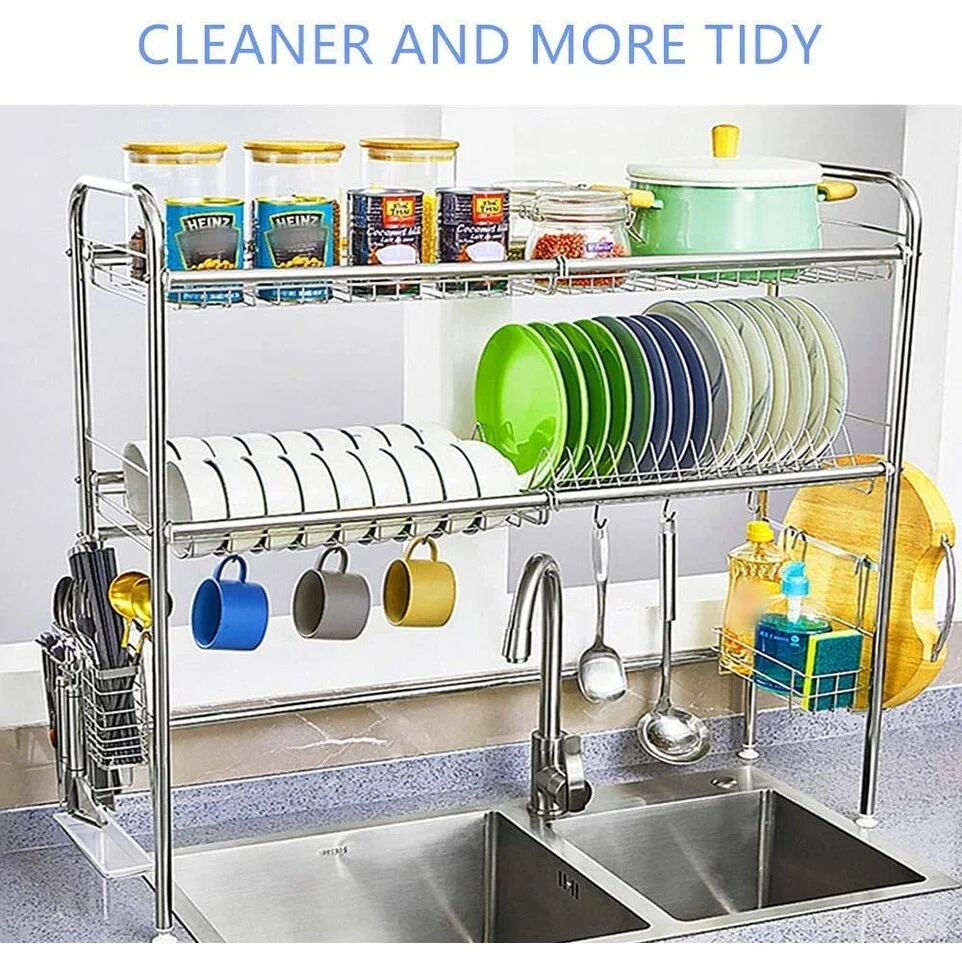 2-Tier Stainless Steel Dish Rack Plate Bowl Dish Drainer, Silver