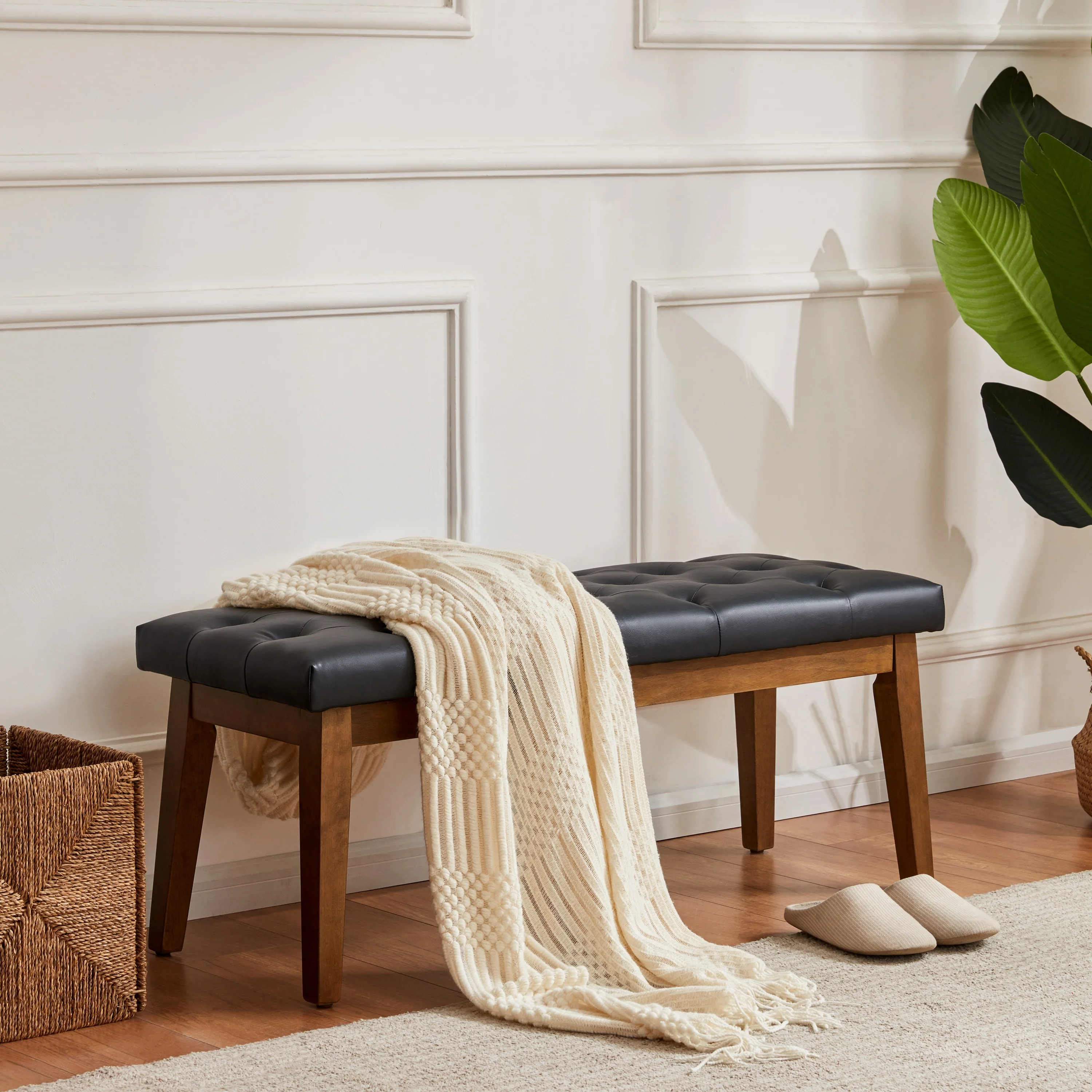 Button-Tufted Bench for End of Bed, Entryway Bench Beige/ Black/ Brown Solid Wood, Leather, Fabric 44-inch