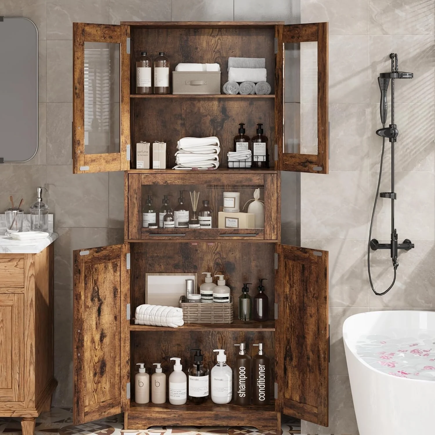 Tall Bathroom Cabinet, Linen Storage Cabinet with Doors and Adjustable Shelves and Drawer