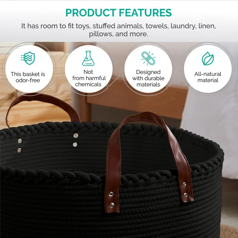 Large Round Cotton Rope Storage Basket Laundry Hamper with Leather Handles, 21 x 21 x 14 - 21