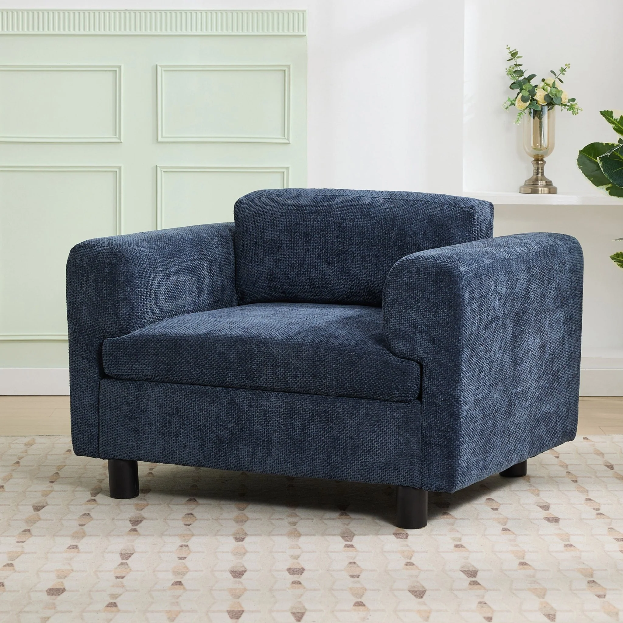 Elixired Upholstered Arm Chair with Tucked Armrests and Round Rubberwood Legs