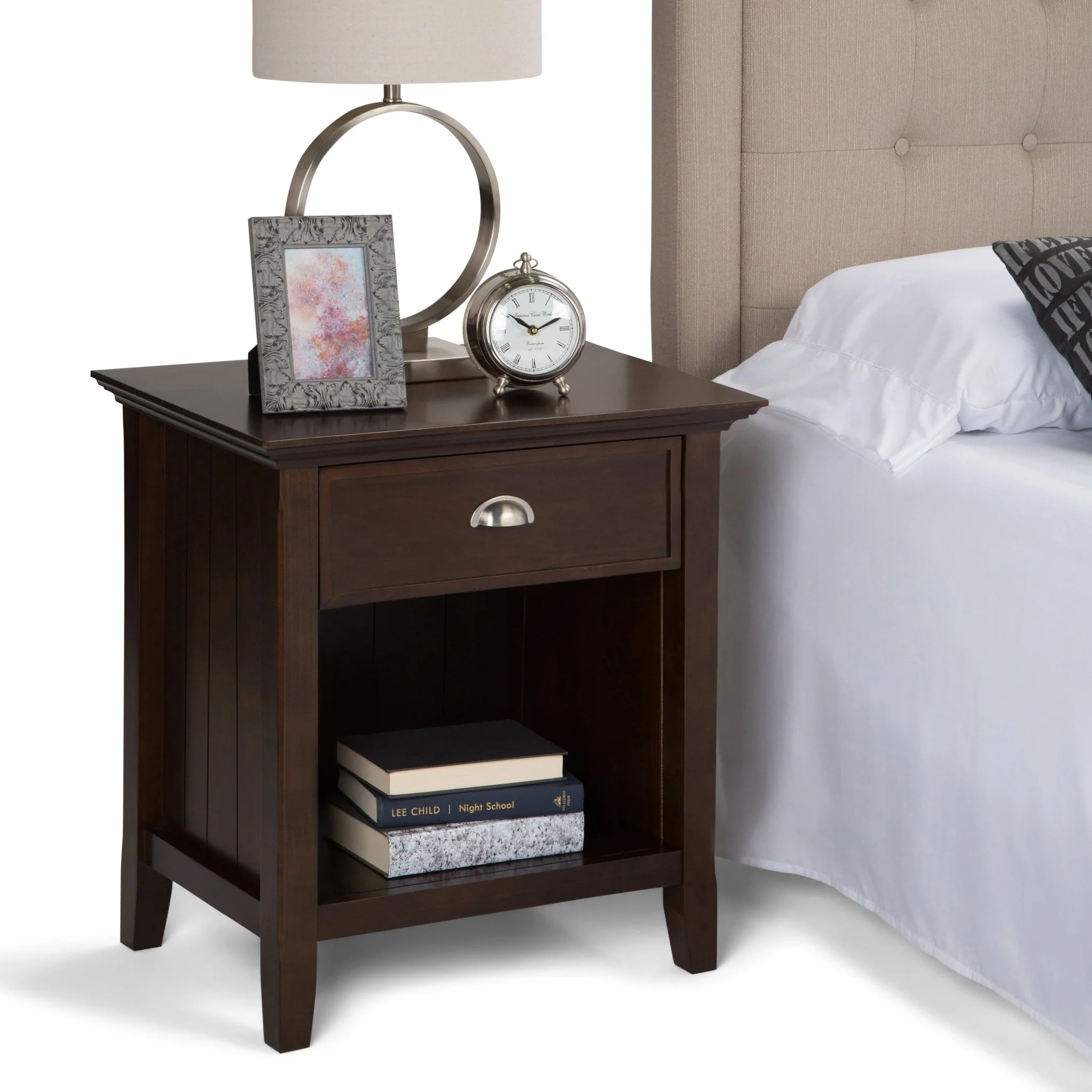 Solid Wood Nightstand with Drawer and Open Bottom Storage