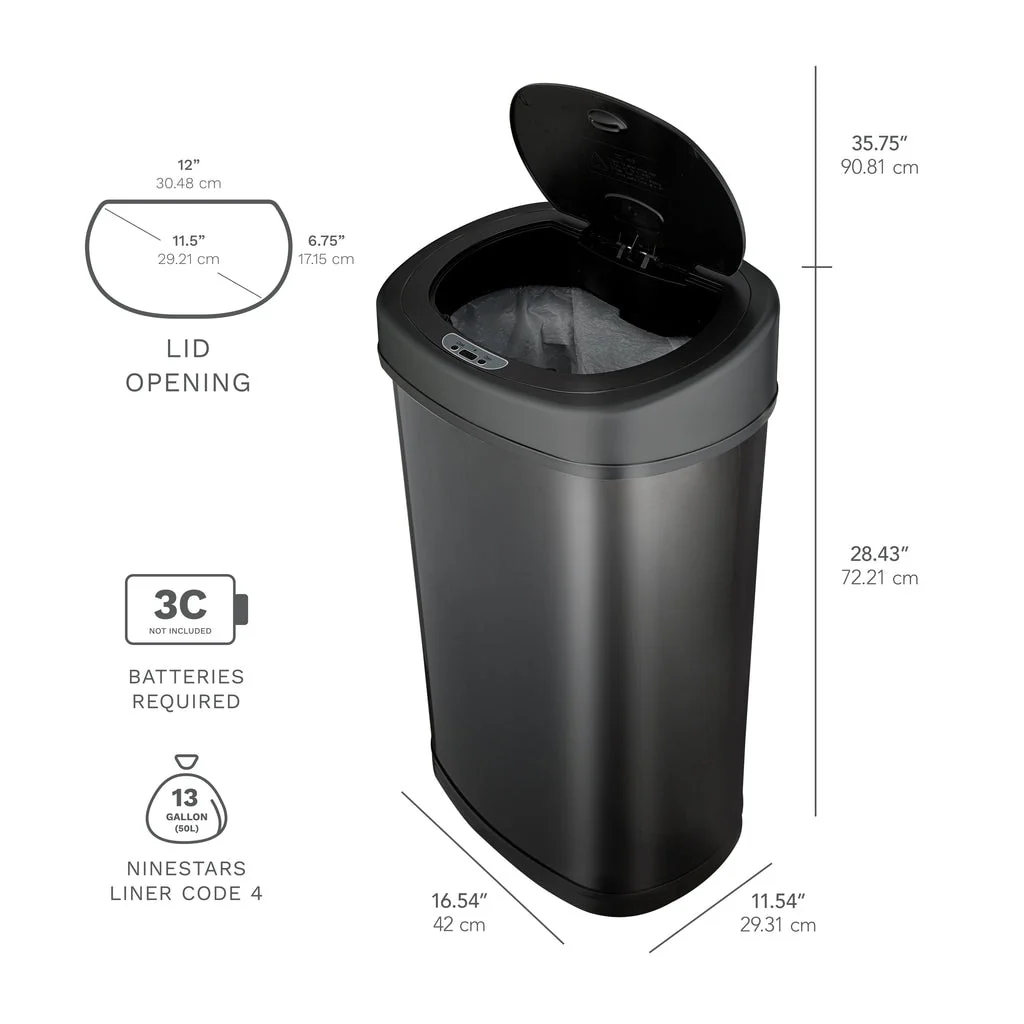 NINESTARS Oval Motion Sensor Trash Can 13.2 Gallon, Black Stainless Steel DZT-50-9BK