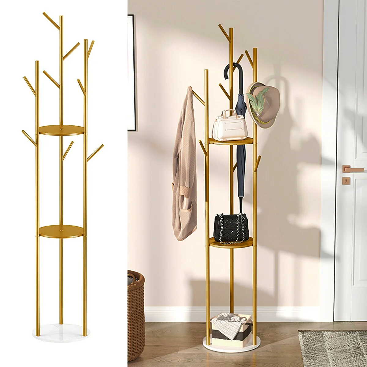 Marble Base Freestanding Clothes Hanging Rack Stand with Storage Shelf
