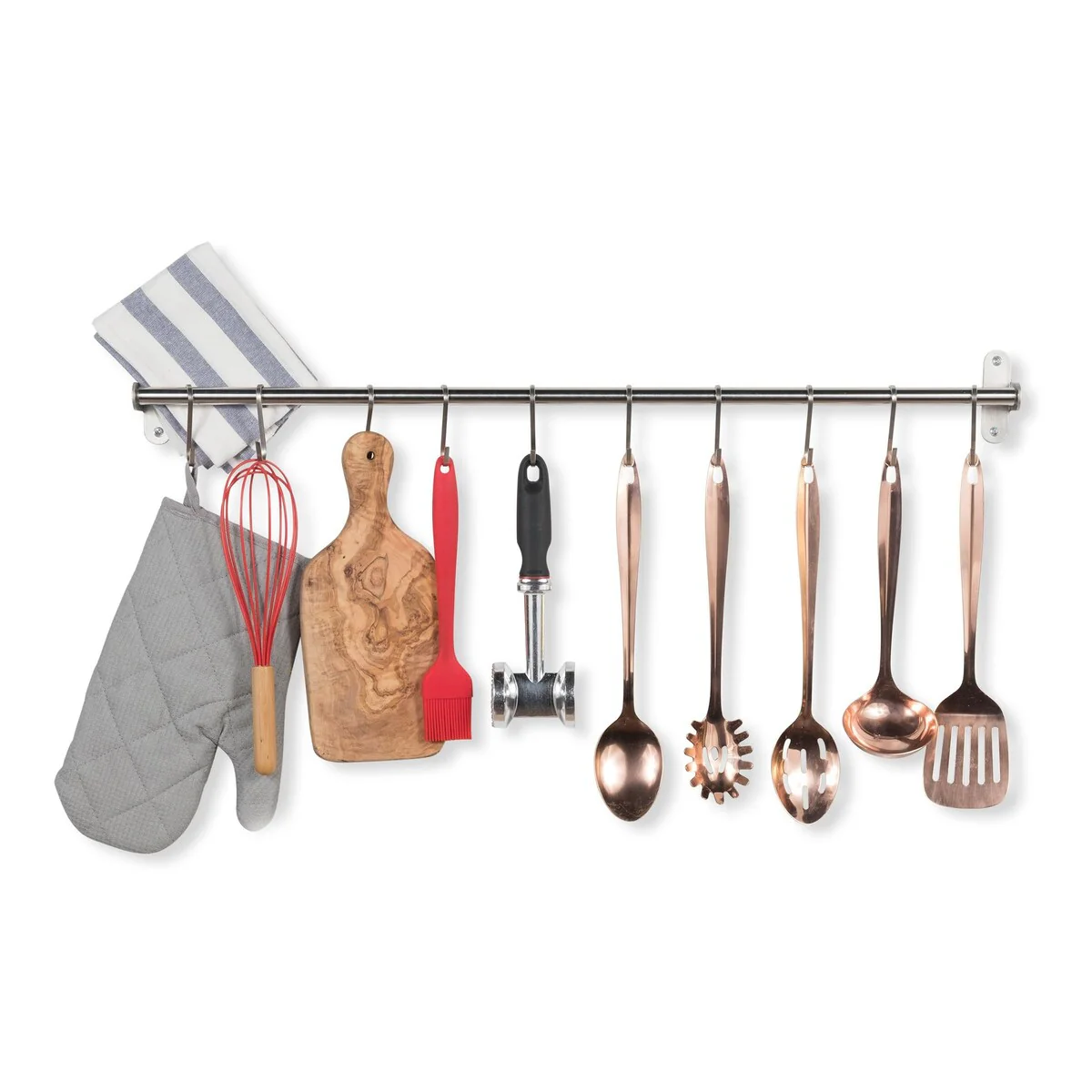 Wallniture Lyon Steel 31.5'' Pot Rack with 10 Hooks, Utensil Holder, Silver