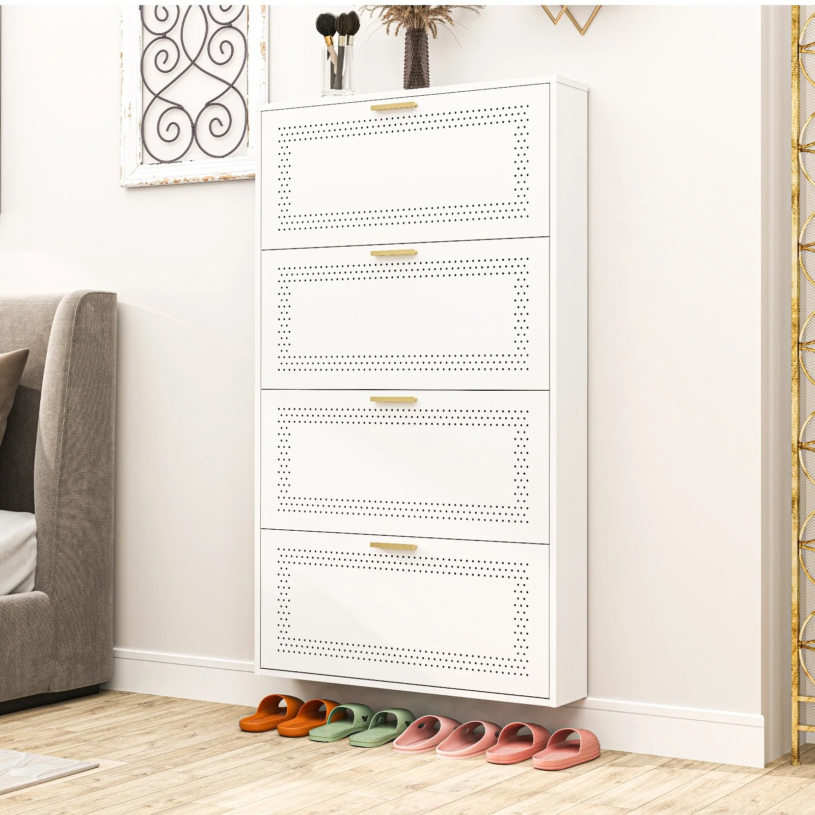 Metal Shoe Storage Cabinet with 3/4 Flip Drawers, Breathable & Space Saving