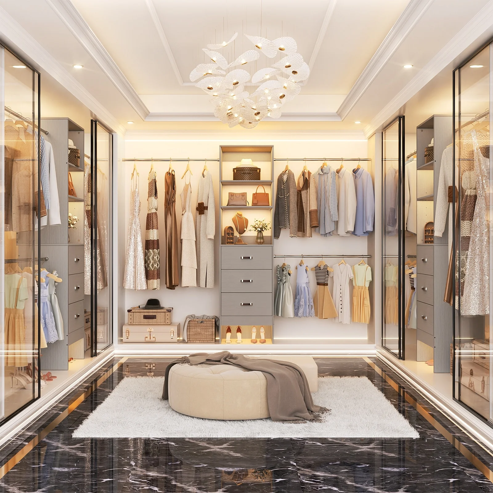 20.5-96'' W Closet Organizer System with Extendable Hanging Rods and Drawers and Tower Shelves