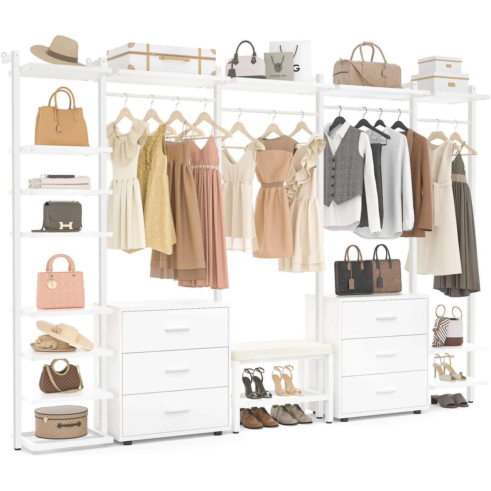 Walk in Closet System with 6 Closet Drawers, 96'' Multifunctional Clothes Rack Closet Organizer