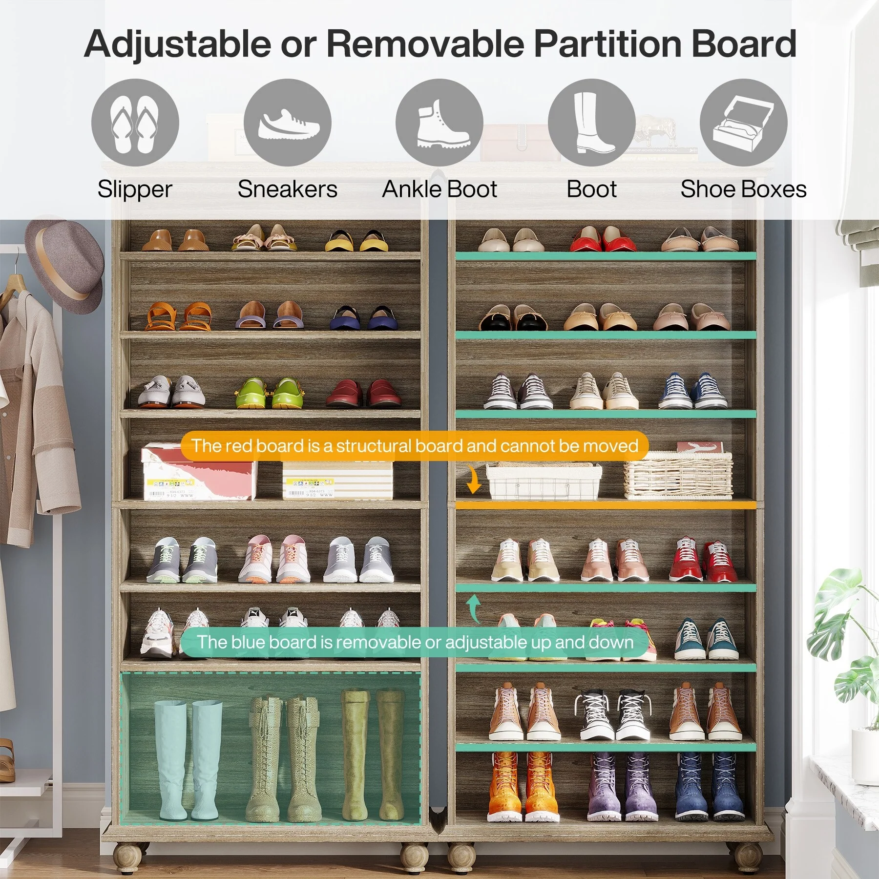 Narrow Tall Shoe Cabinet with LED Lighting, 9-Tier 30 Pairs Freestanding Shoes Storage Cabinet