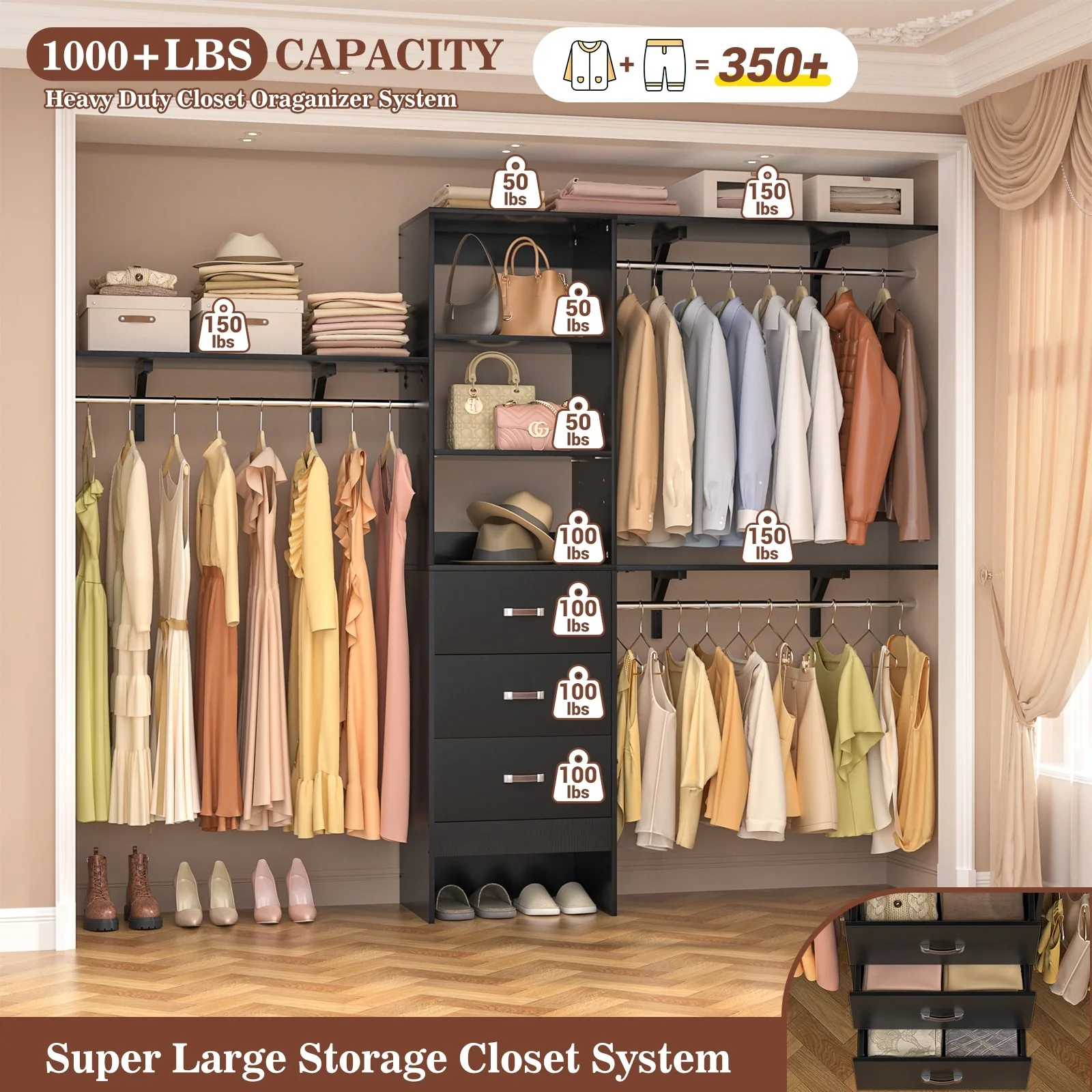 Rackcog 120'' Closet Organizer with Drawers, Closet System with DIY Shelves for Reach-in and Walk-in Closet