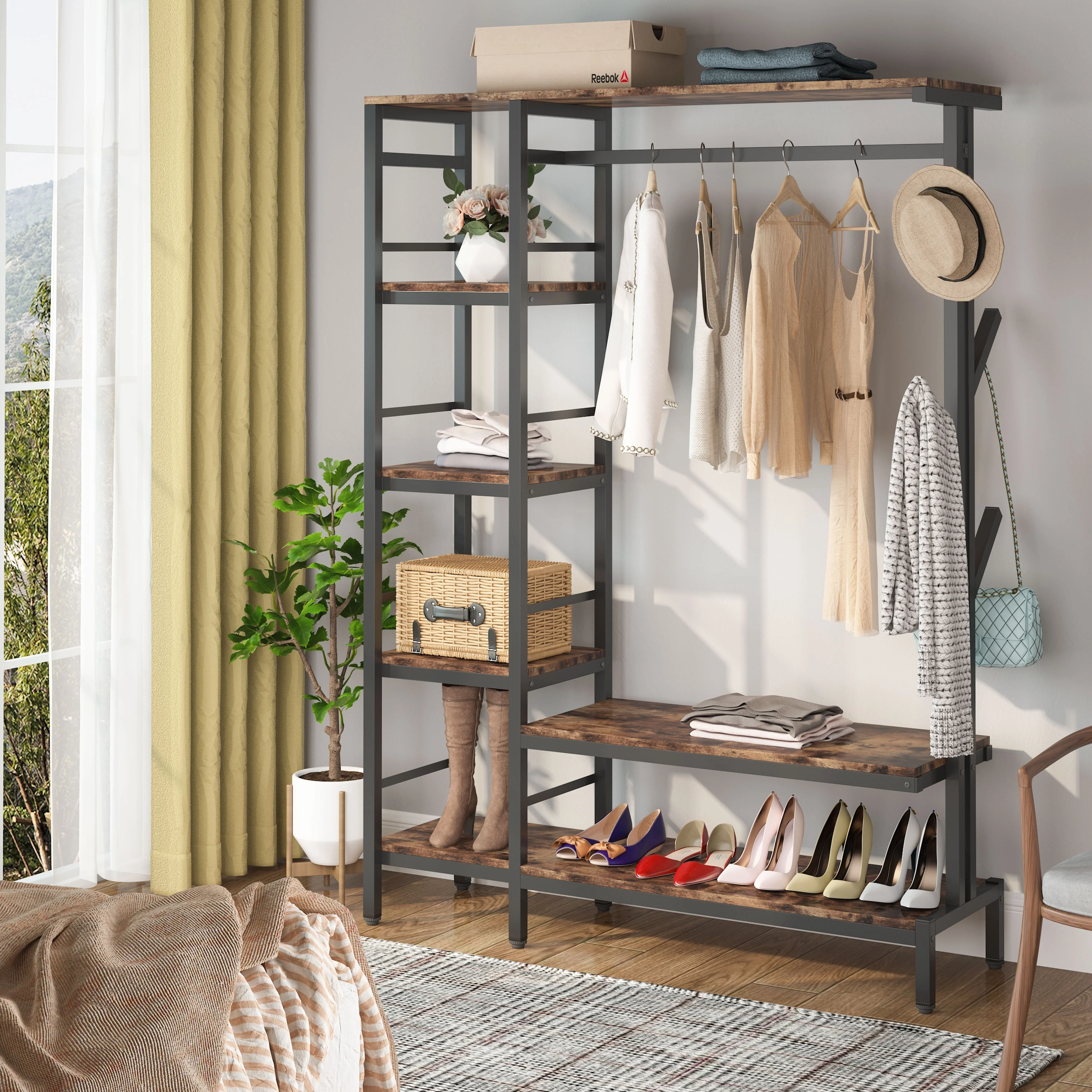 Free-standing Closet Organizer with Hooks, Garment Rack, Coat Rack with Shoe Bench
