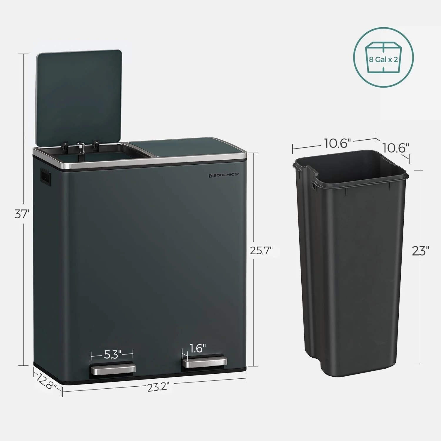 SONGMICS Dual Trash Can, 2x 8 Gallon Stainless Steel Garbage Can, Gray