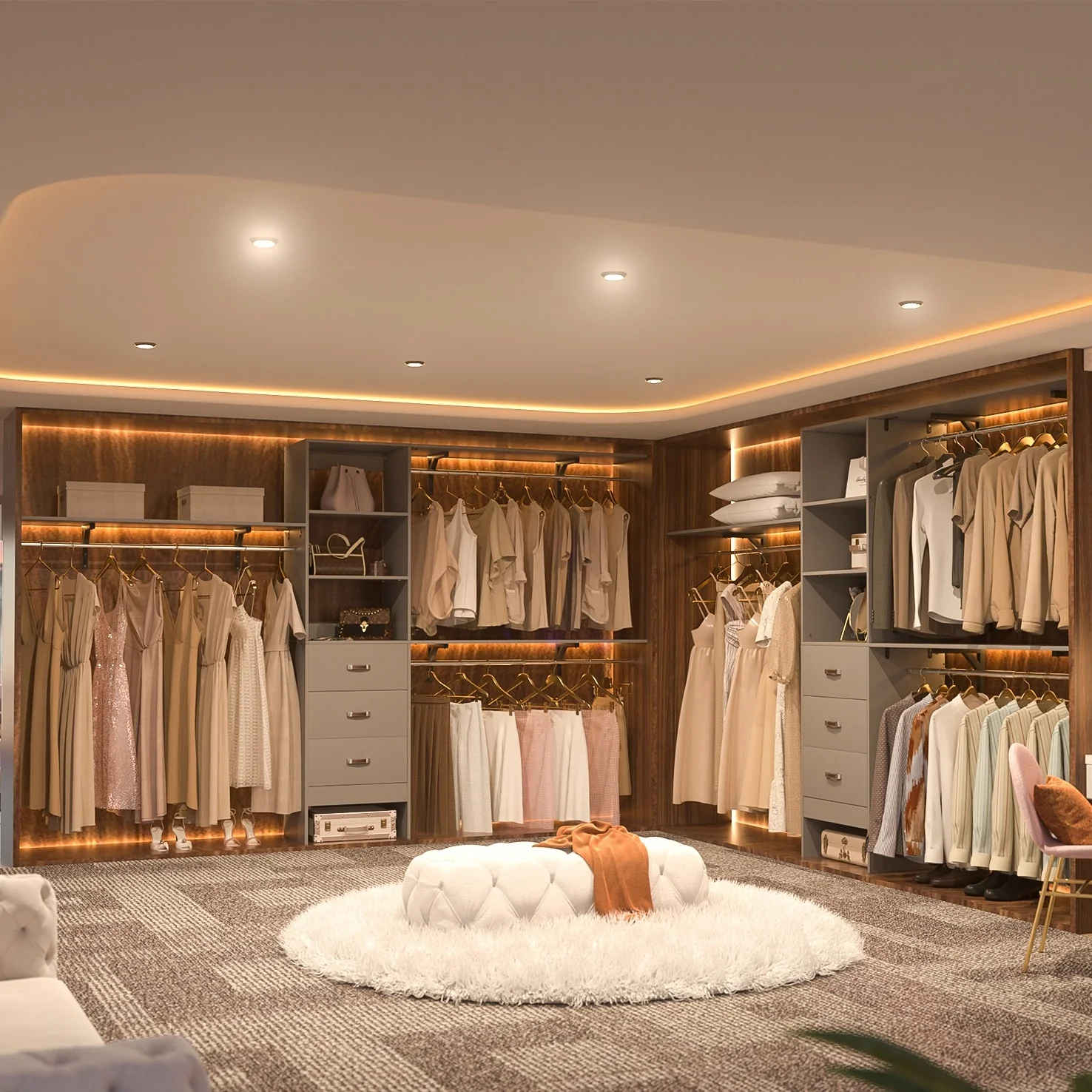 Rackcog 120'' Closet Organizer with Drawers, Closet System with DIY Shelves for Reach-in and Walk-in Closet