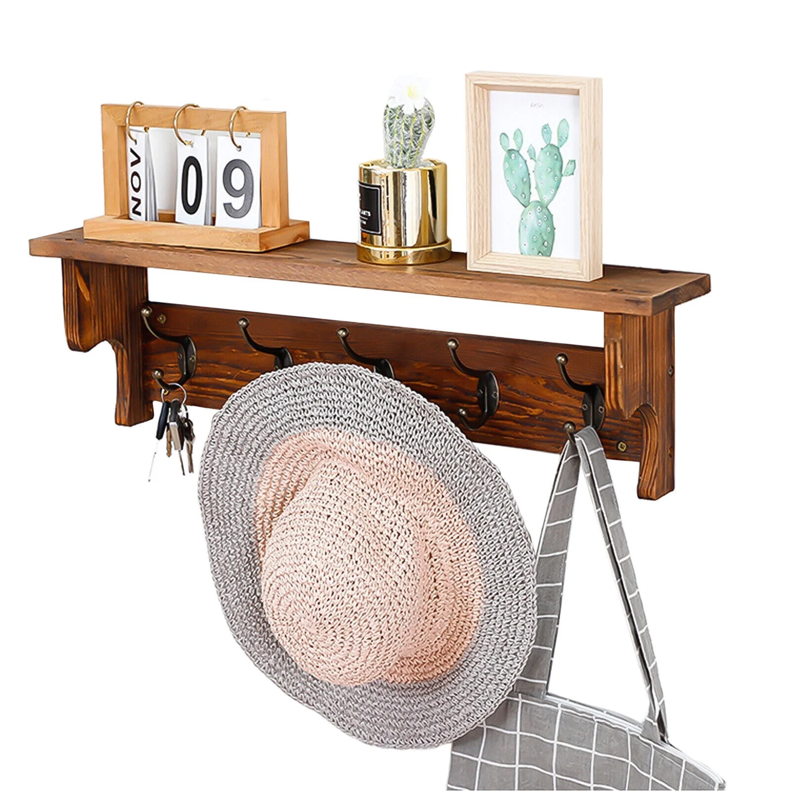 Rustic Wall Mounted Coat Rack with Storage Shelf & Metal Hooks