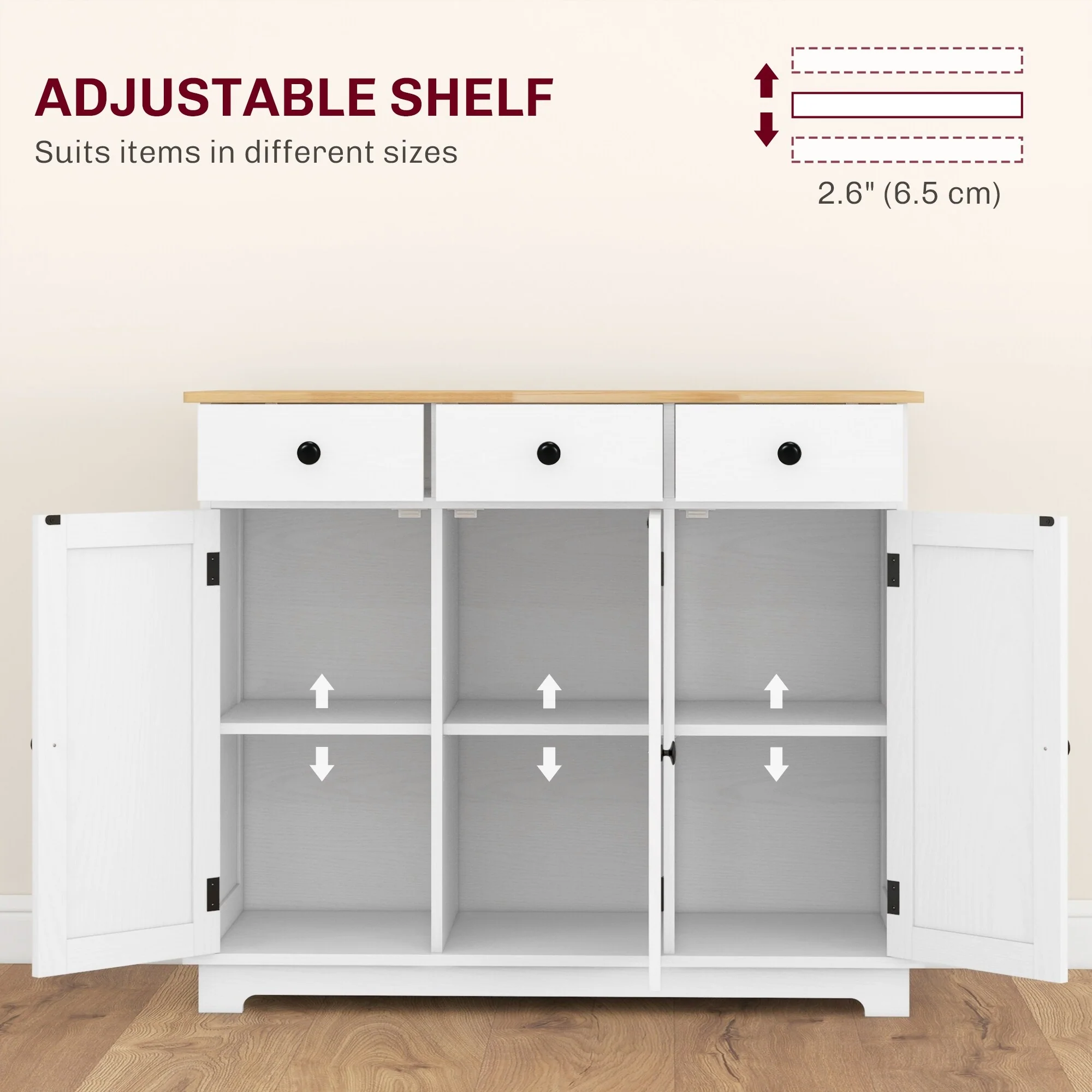 HOMCOM Sideboard with Solid Wood Countertop, Modern Kitchen Storage Cabinet, Coffee Bar Cabinet with 3 Drawers