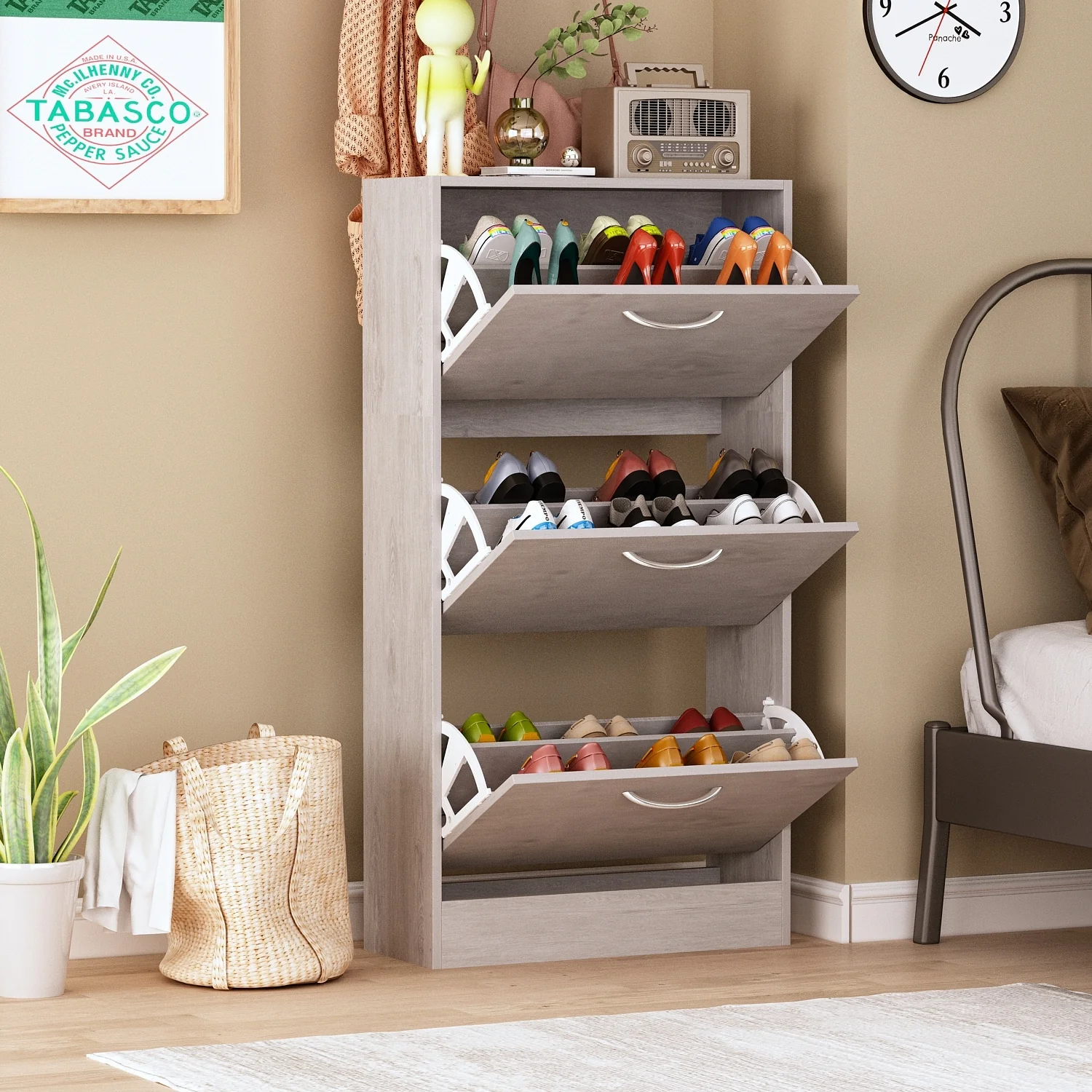 Timechee Grey Entryway Shoe Spcase Saving Cabinet with 3 Drawers