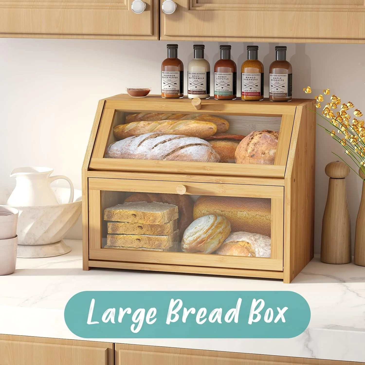 Bamboo Wood Large Capacity Bread Box Storage Bin