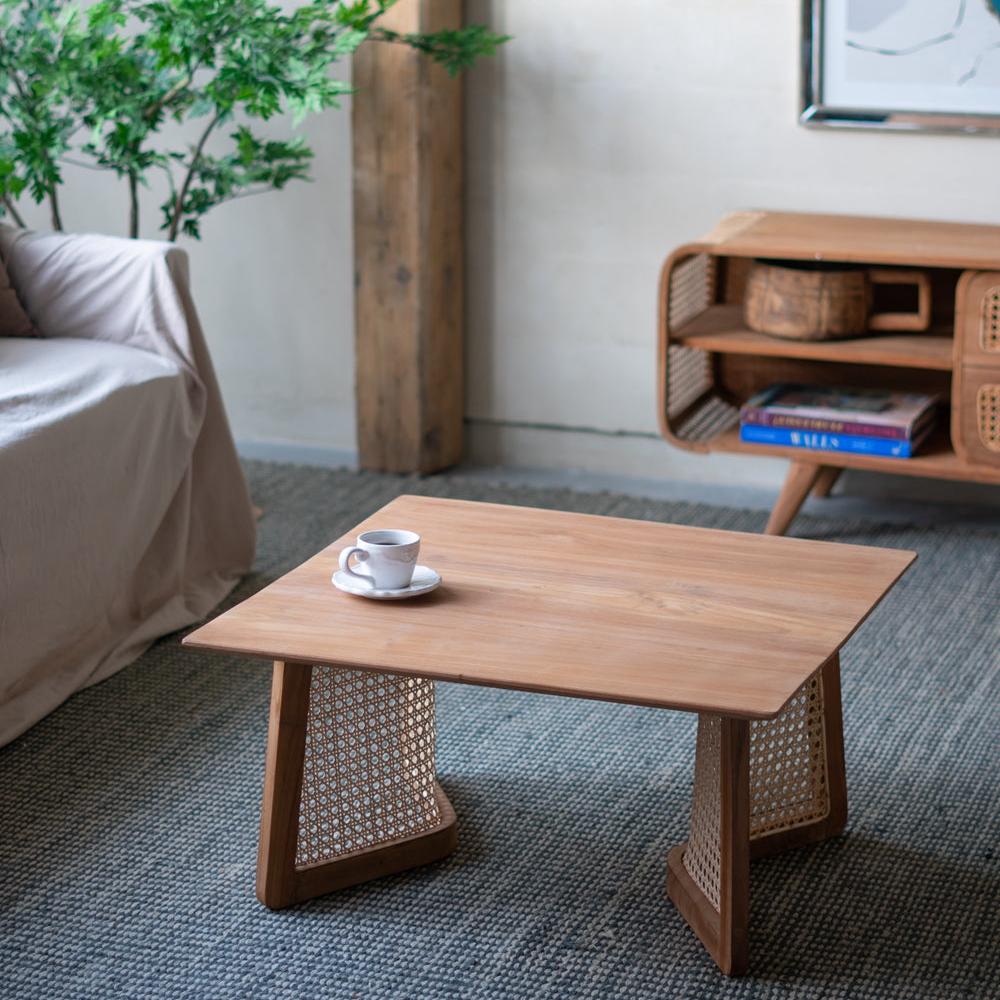 Square Coffee Table with Wooden Top and Rattan Base