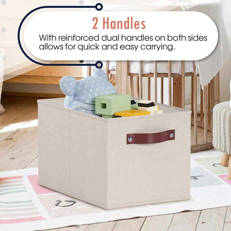 3 Pack Collapsible Shelf Basket Rectangle Storage Bins with Faux Leather Handles