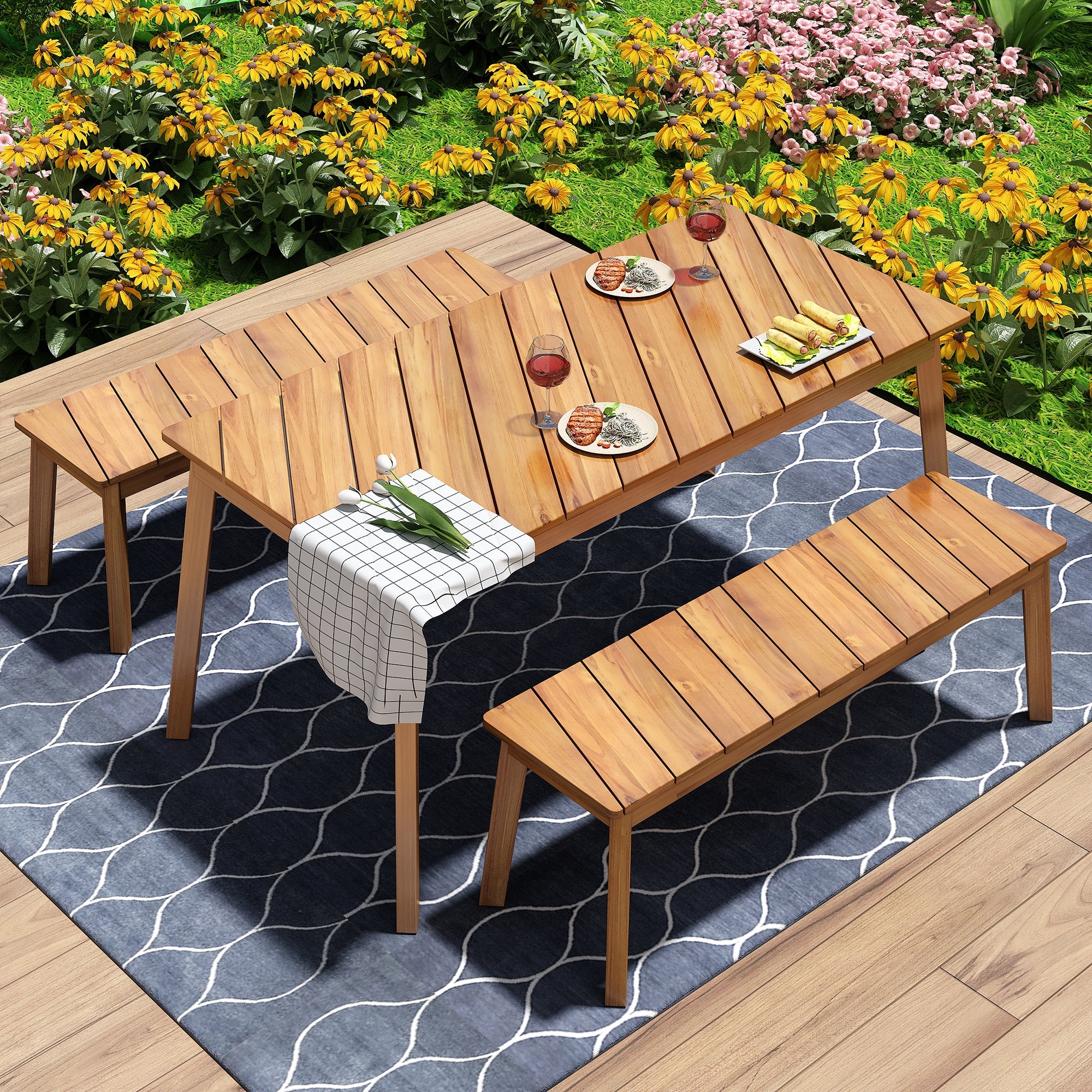 3-Piece Acacia Wood Dining Set with Dining Table and Bench