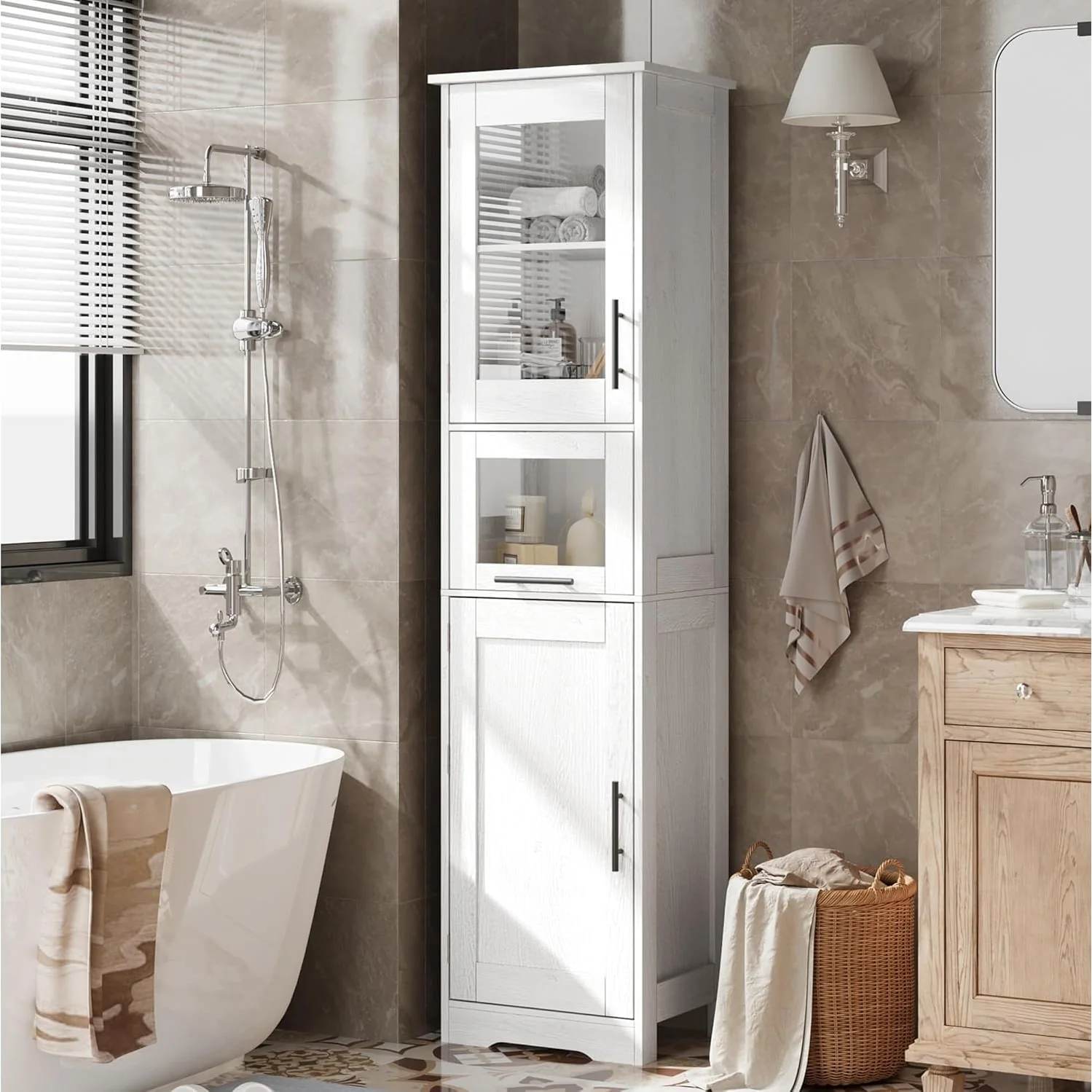 Tall Bathroom Cabinet, Linen Storage Cabinet with Doors and Adjustable Shelves and Drawer