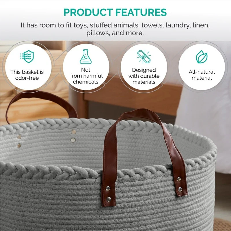 Large Round Cotton Rope Storage Basket Laundry Hamper with Leather Handles, 21 x 21 x 14 - 21