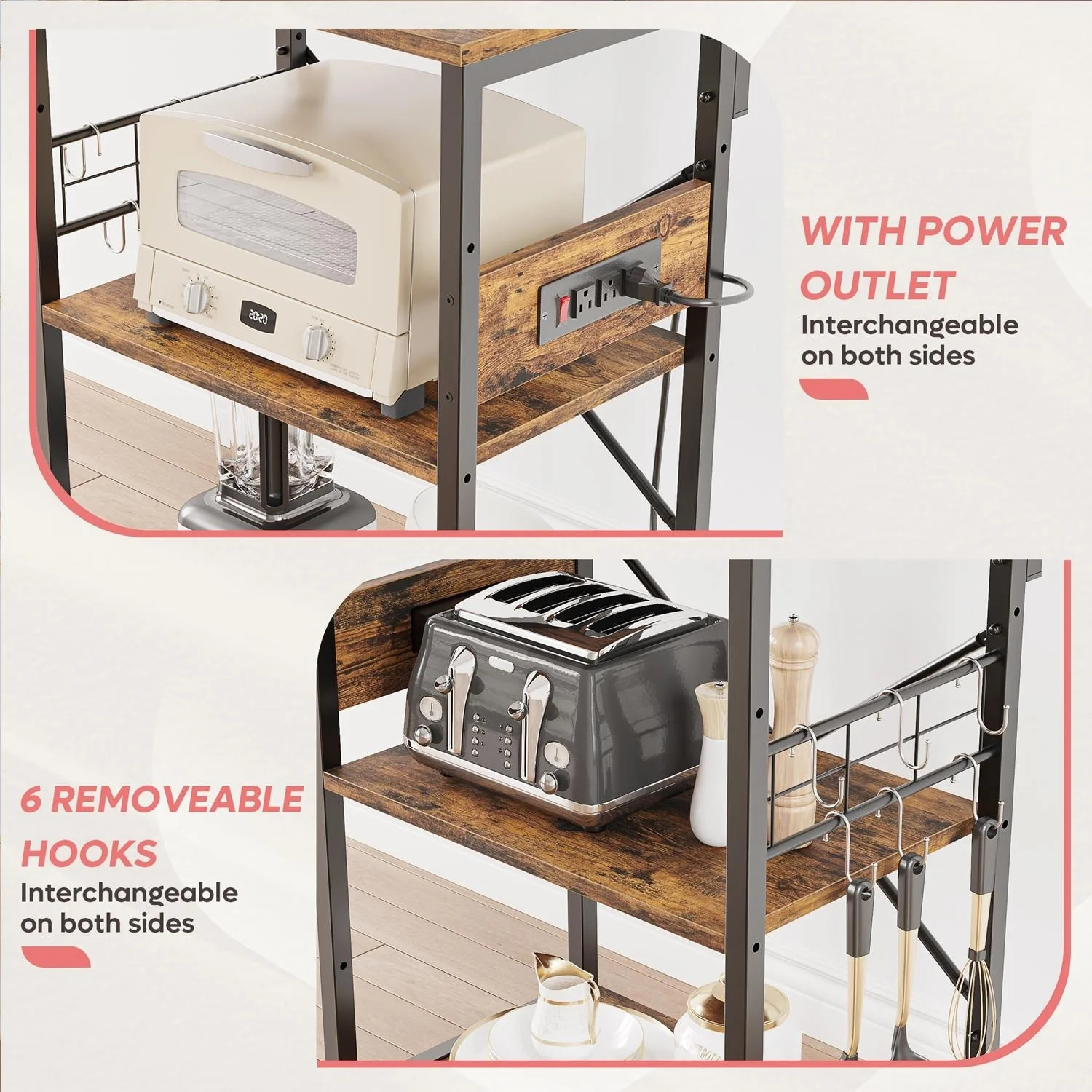 Kitchen Bakers Rack with Storage Shelves &USB Outlets, Microwave Oven Stand Kitchen Shelf Organizer
